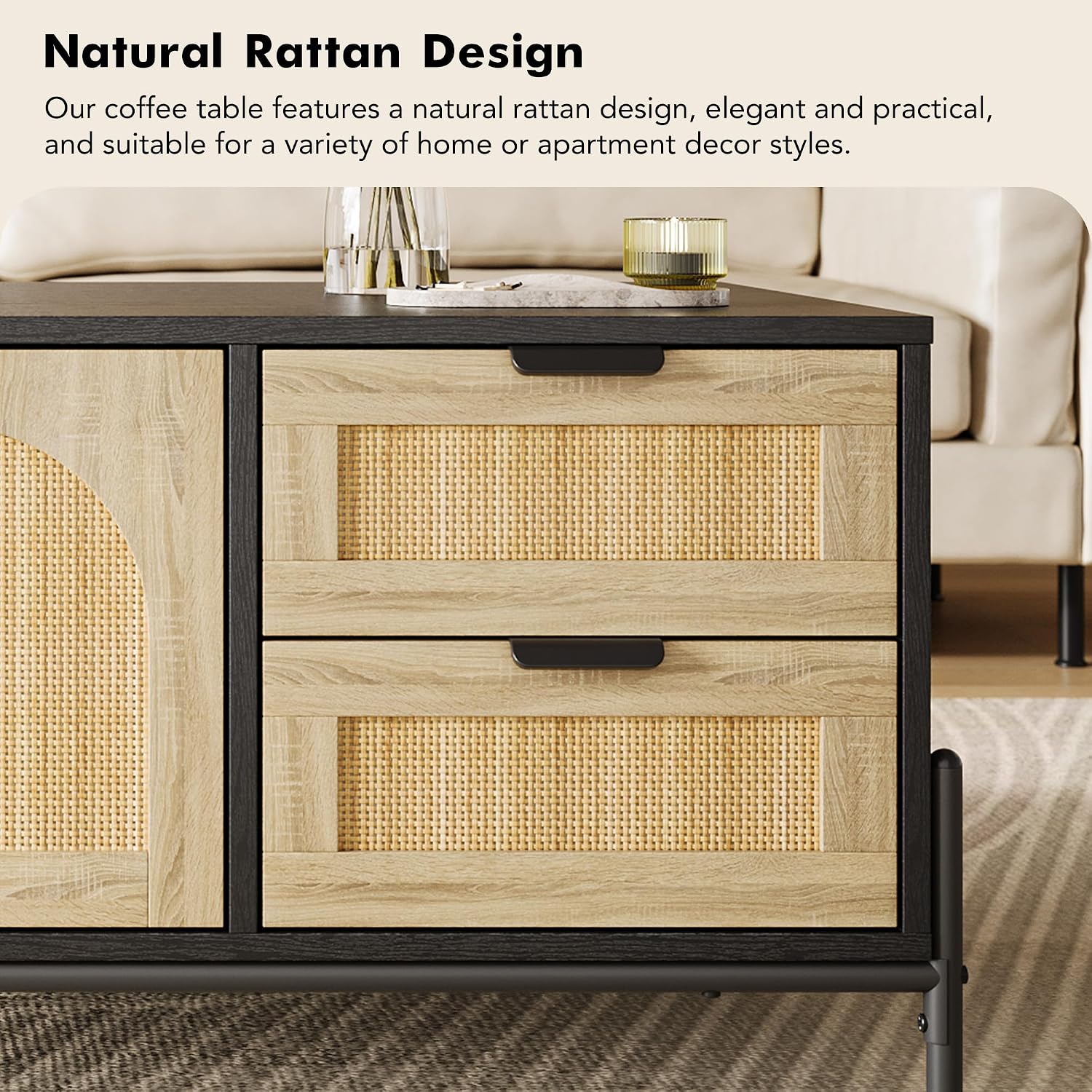 GarveeHome 40.9' Rattan Coffee Table with LED Lights for Living Room, Modern Coffee Tables with 2 Storage Drawers and 2 Arched Door, Farmhouse Coffee Table with Study Metal Legs, Black+Oak