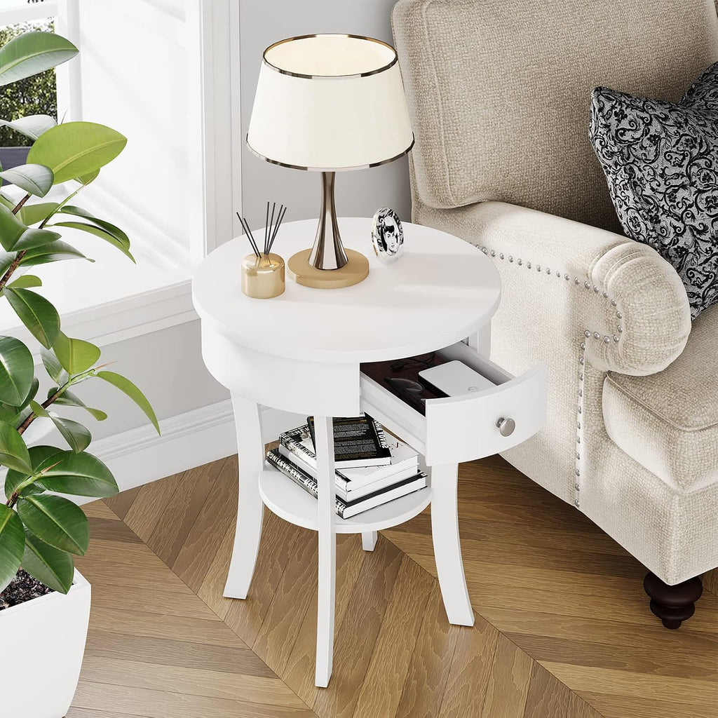 Giantex Round End Table with Drawer, 2-Tier Wood Side Table w/Open Shelf, Small Sofa Side Table for Small Space, Multipurpose Accent Table for Bedroom Living Room Home (2, White)