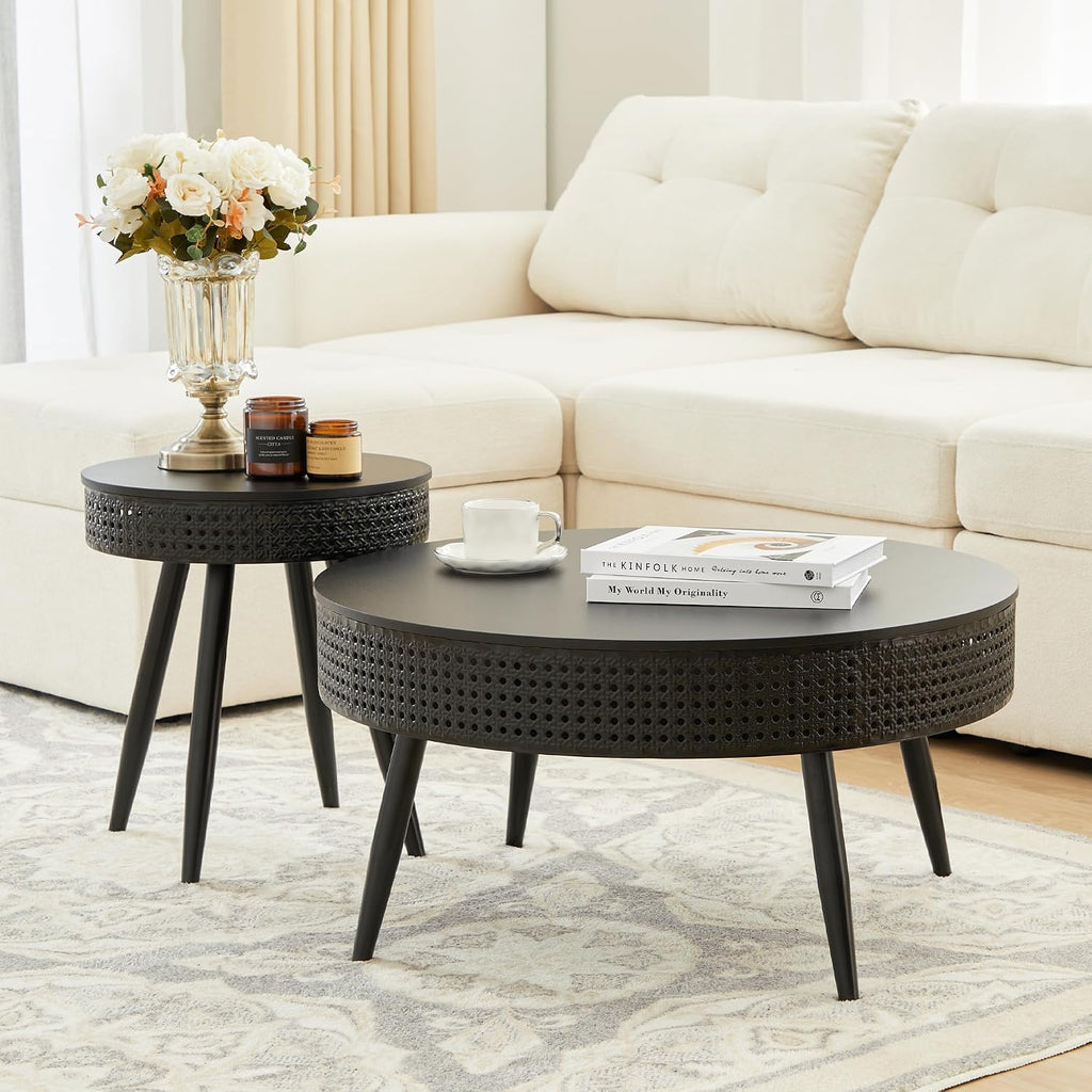 Bifins Black Round Nesting Coffee Table with Hidden Storage Set of 2, Modern Circle Coffee and End Table Set for Living Room Balcony (Black Set of 2)
