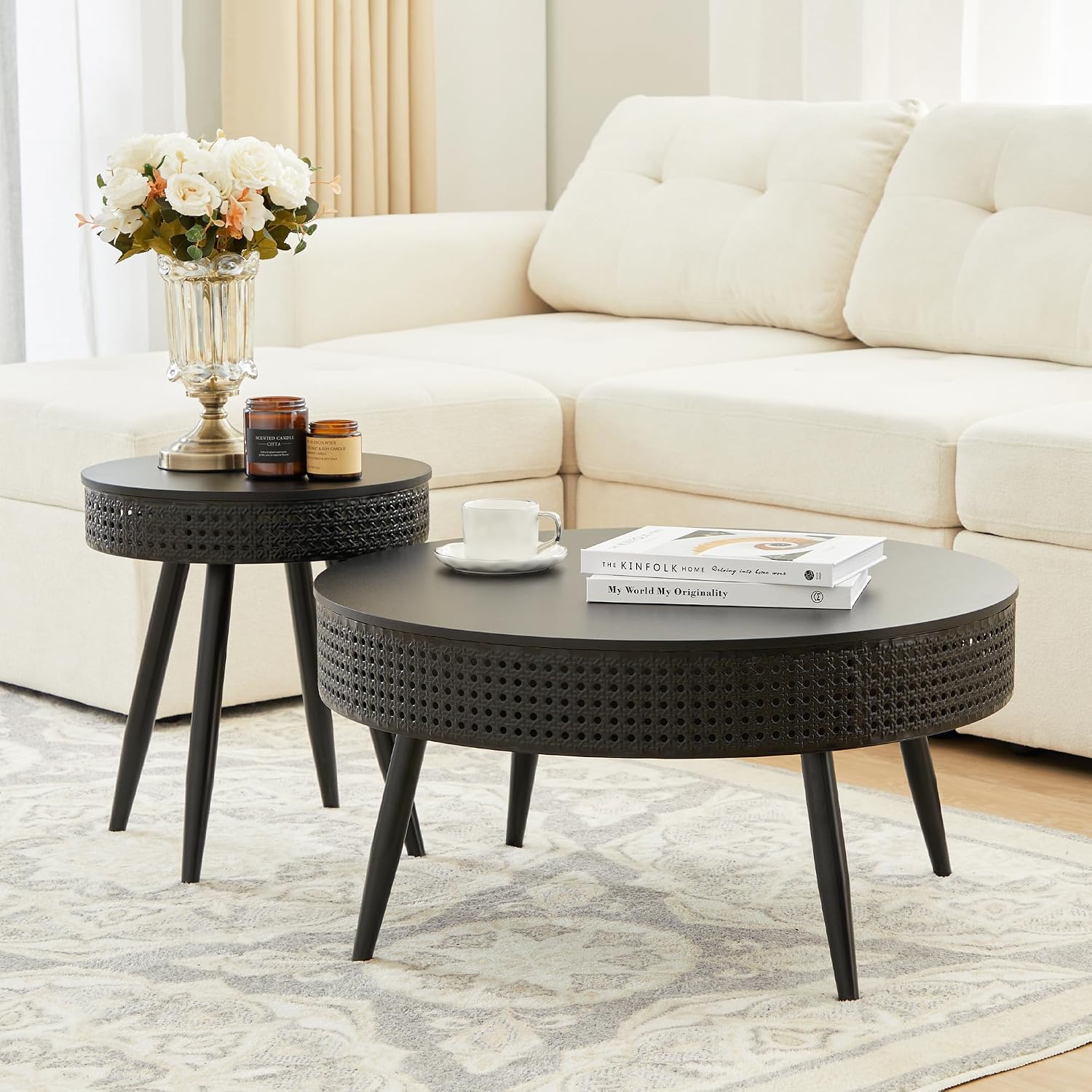 Bifins Black Round Nesting Coffee Table with Hidden Storage Set of 2, Modern Circle Coffee and End Table Set for Living Room Balcony (Black Set of 2)
