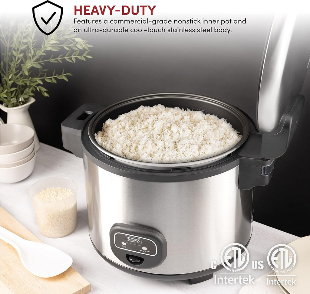 Aroma Housewares 60-Cup (Cooked) (30-Cup UNCOOKED) Commercial Rice Cooker, Stainless Steel Exterior (ARC-1130S) & ARC-360-NGP 20-Cup Pot-Style Rice Cooker & Food Steamer, White