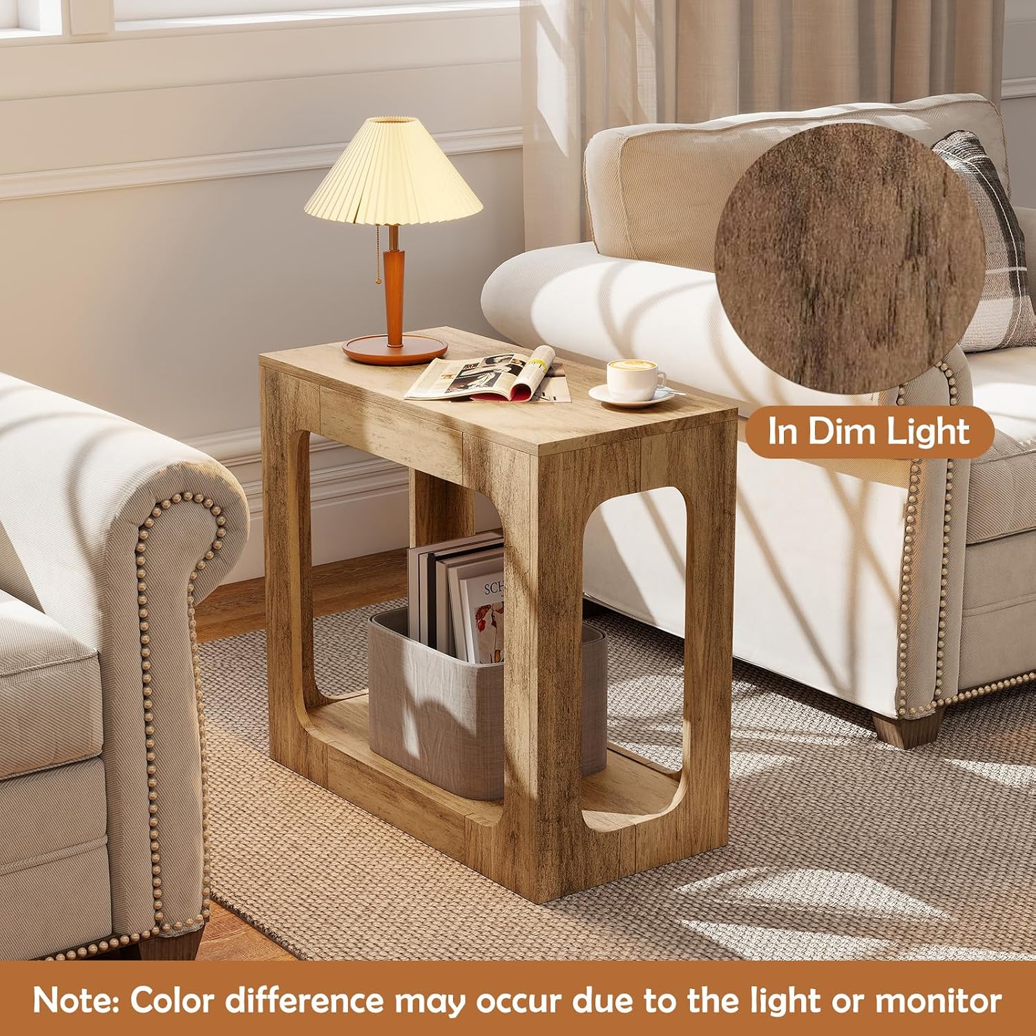 Giantex Set of 2 Narrow End Side Table - 2-Tier Farmhouse Night Stand w/Open Storage Shelf, Arch Design, Accent Bedside Nightstand for Bedroom Entryway Small Spaces, Wood End Tables Living Room, Oak
