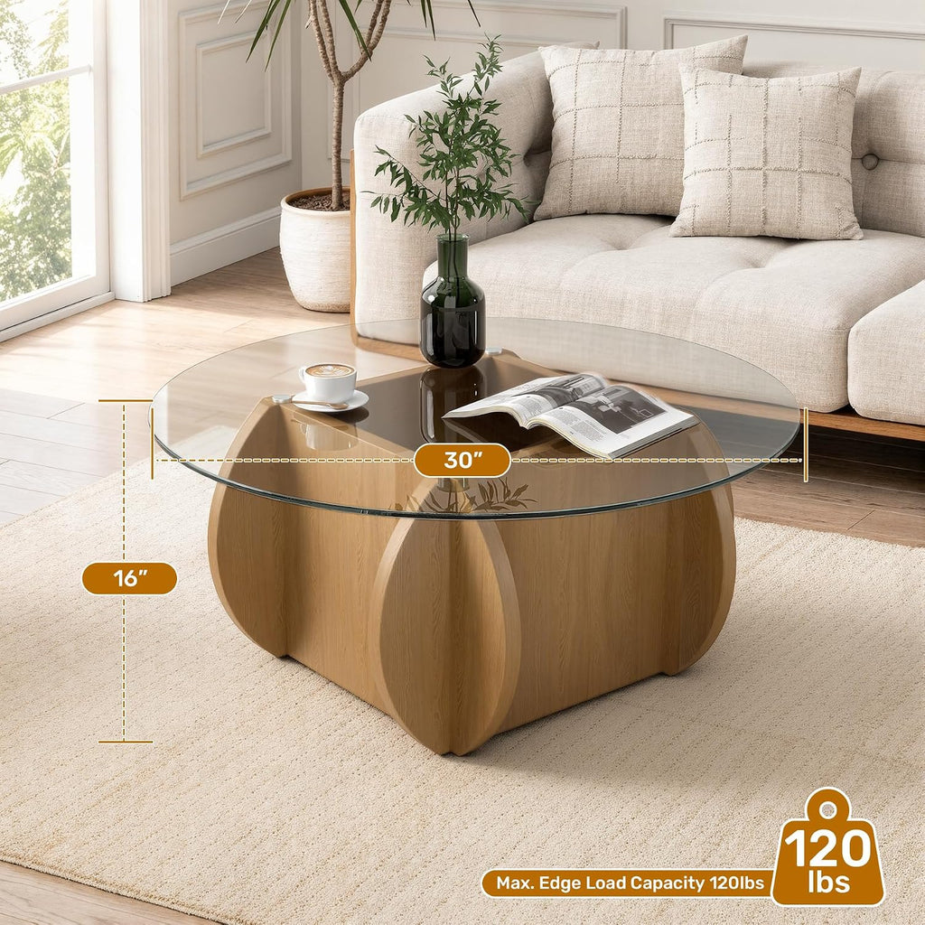 Round Glass Coffee Table, Modern Coffee Table with Glass Top and Wood Base, Minimalist Circle Coffee Table for Living Room, Small Round Coffee Table for Apartment, Office & Lounge, Natural
