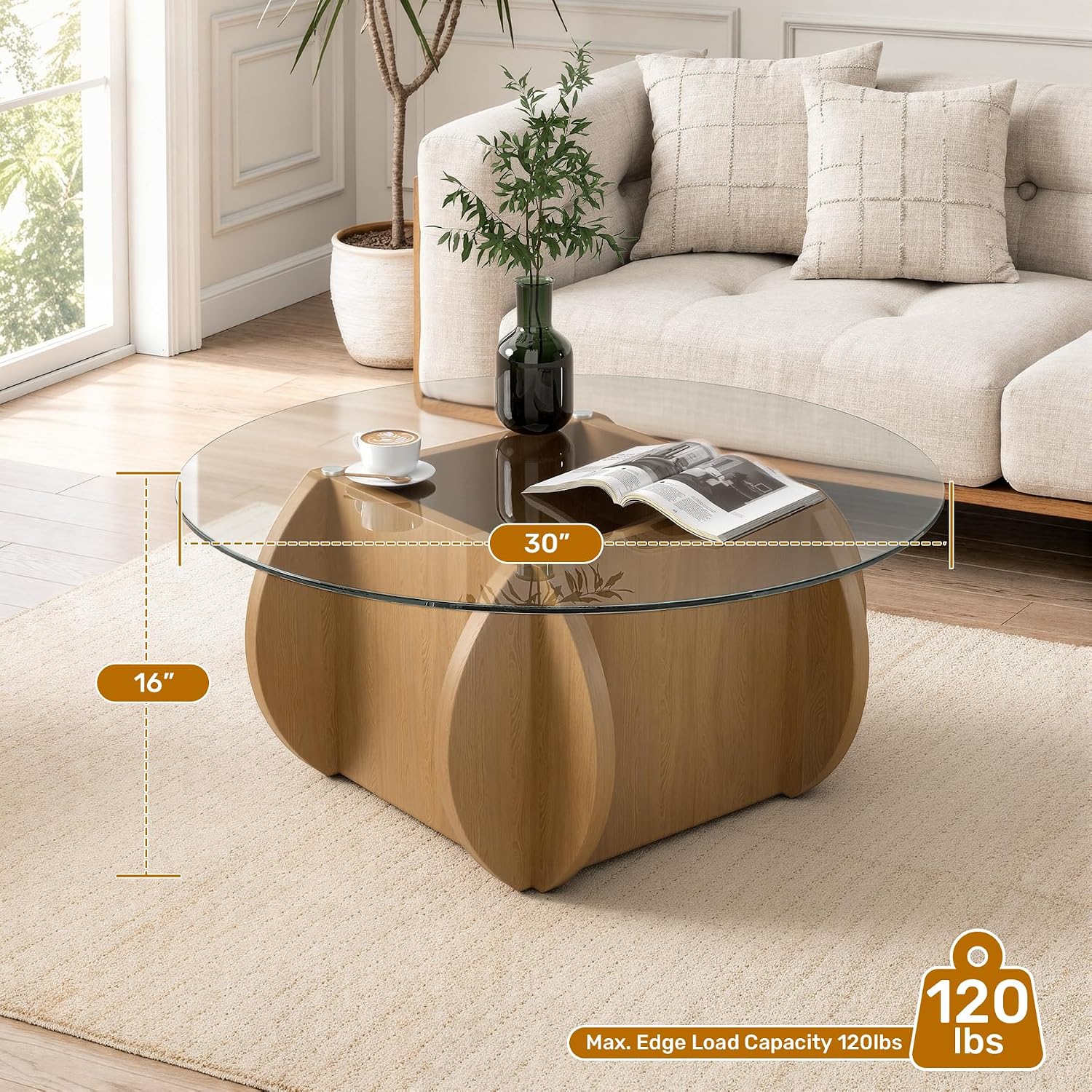 Round Glass Coffee Table, Modern Coffee Table with Glass Top and Wood Base, Minimalist Circle Coffee Table for Living Room, Small Round Coffee Table for Apartment, Office & Lounge, Natural