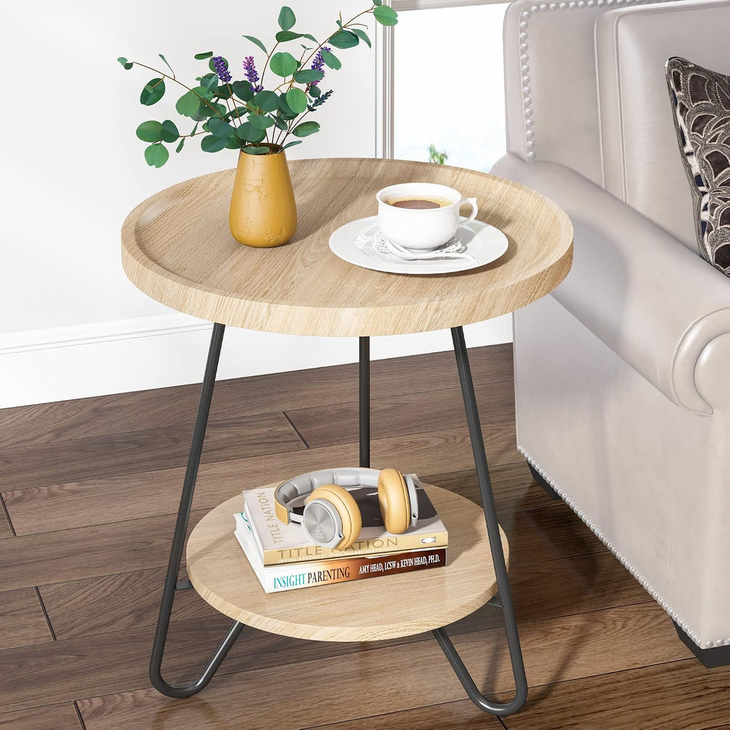 Tribesigns Set of 2 Round Side Table, 2-Tier End Table with Metal Legs, Modern Industrial Beside Table, Small Accent Table Snack Table for Living Room, Bedroom, Small Space, Wood Color