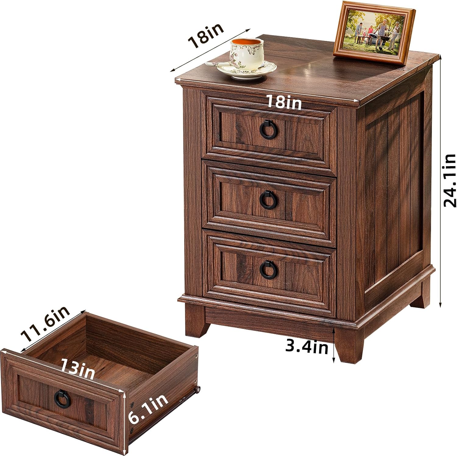 Joaxswe 18' Farmhouse Night Stand with 3 Drawers, Wood End Table Dresser for Bedroom, Retro Nightstand, Bed Side Table with Metal Handle, Bedside Cabinet for Bedroom Living Room, Closet