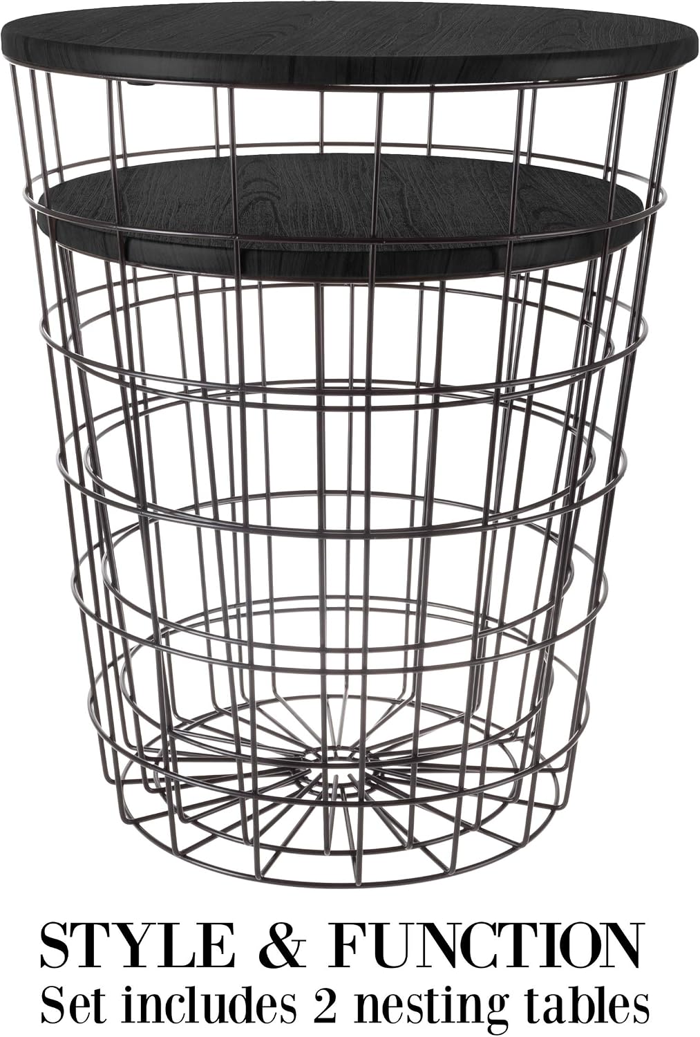 End Tables Set of 2 - Nesting Tables with Removable Wood Tops and Metal Basket Bases for Blanket Storage - Round Side Pieces for Living Room, Bedroom, or Home Office by Lavish Home (Black)