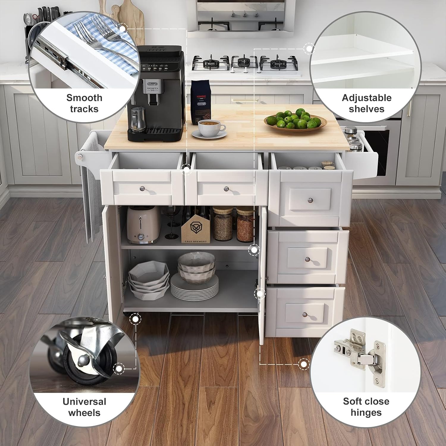 HOMREST 52' Mobil Kitchen Island Cart with Storage, Rolling Island with Drop Leaf and Rubberwood Countertop, Spice Rack, Adjustable Shelves and 5 Drawers, Island Table for Kitchen, White