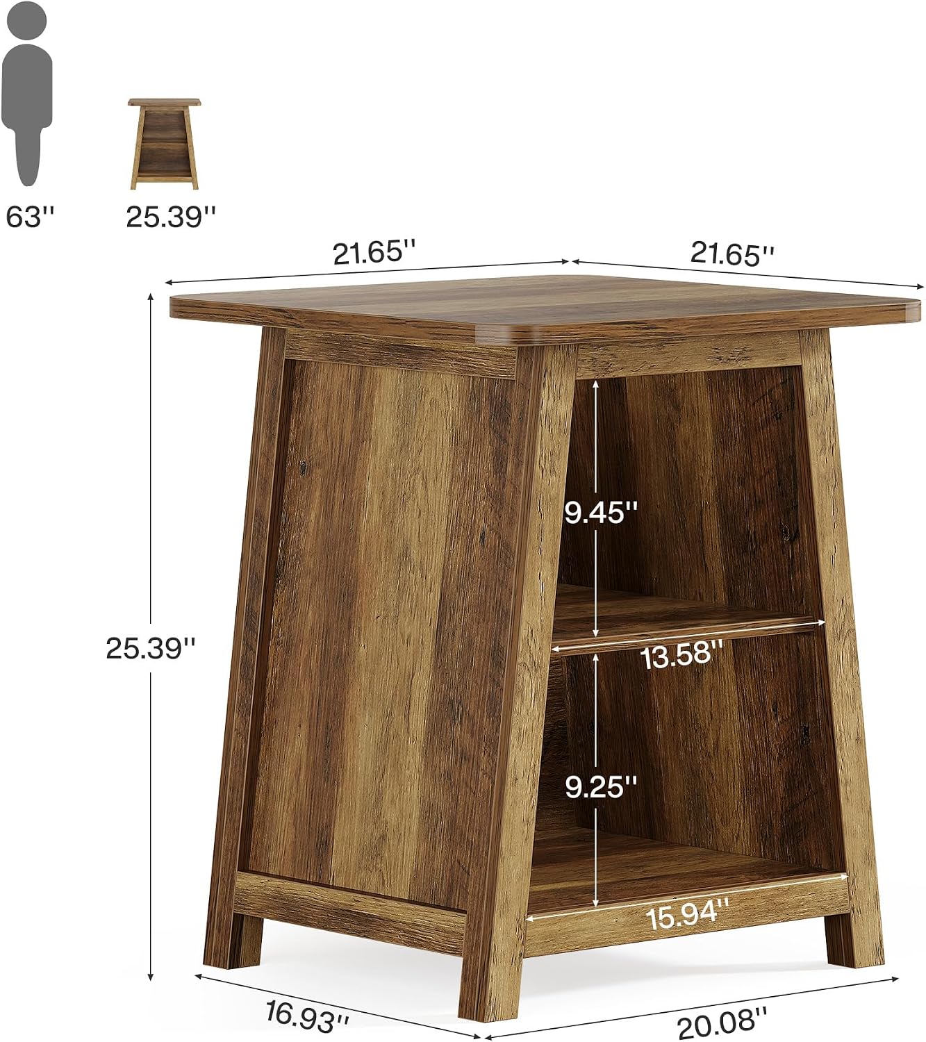 Tribesigns 3-Tier Rustic Farmhouse Wooden End Table with Open Storage Shelves, Trapezoid Angled Leg Side Table for Living Room, Small Space Friendly Sofa Side Table