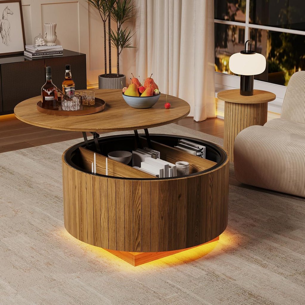 kepptory Round Lift Top Coffee Table with LED Lights, Mid Century Modern Wooden Coffee Tables with 3 Storage Space, Circle Center Table for Living Rooms,Dining Room,Bedroom Home Office,APP LED Lights