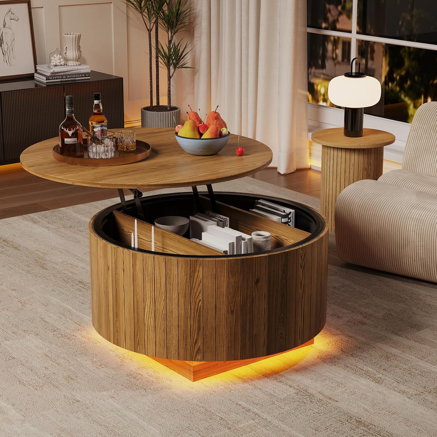 kepptory Round Lift Top Coffee Table with LED Lights, Mid Century Modern Wooden Coffee Tables with 3 Storage Space, Circle Center Table for Living Rooms,Dining Room,Bedroom Home Office,APP LED Lights