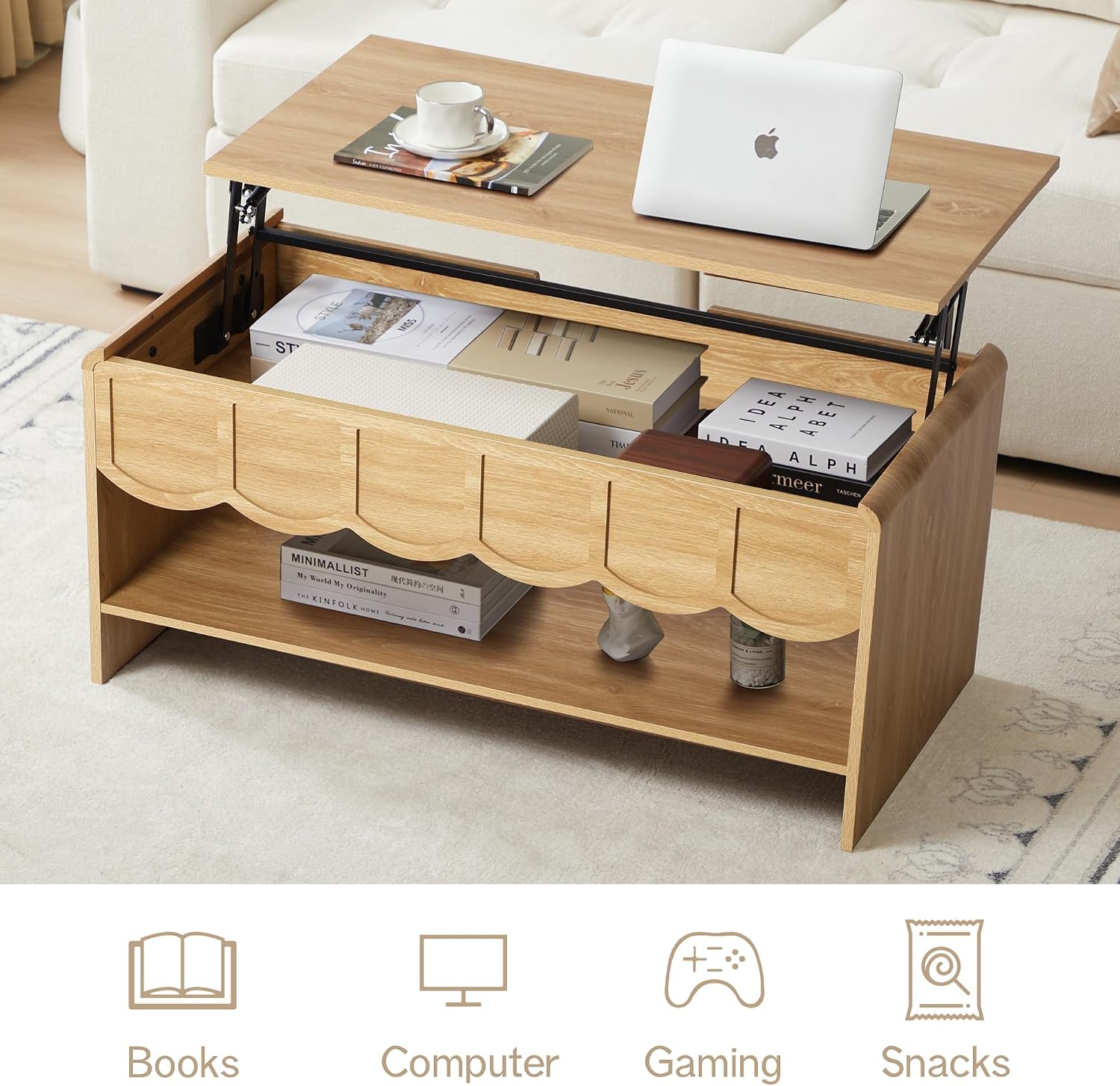 Lift Top Coffee Table with Hidden Compartment, 2 Tier Wooden Center Table with Wave Panel, Modern Lift Tabletop for Home Living Room Office, Natural