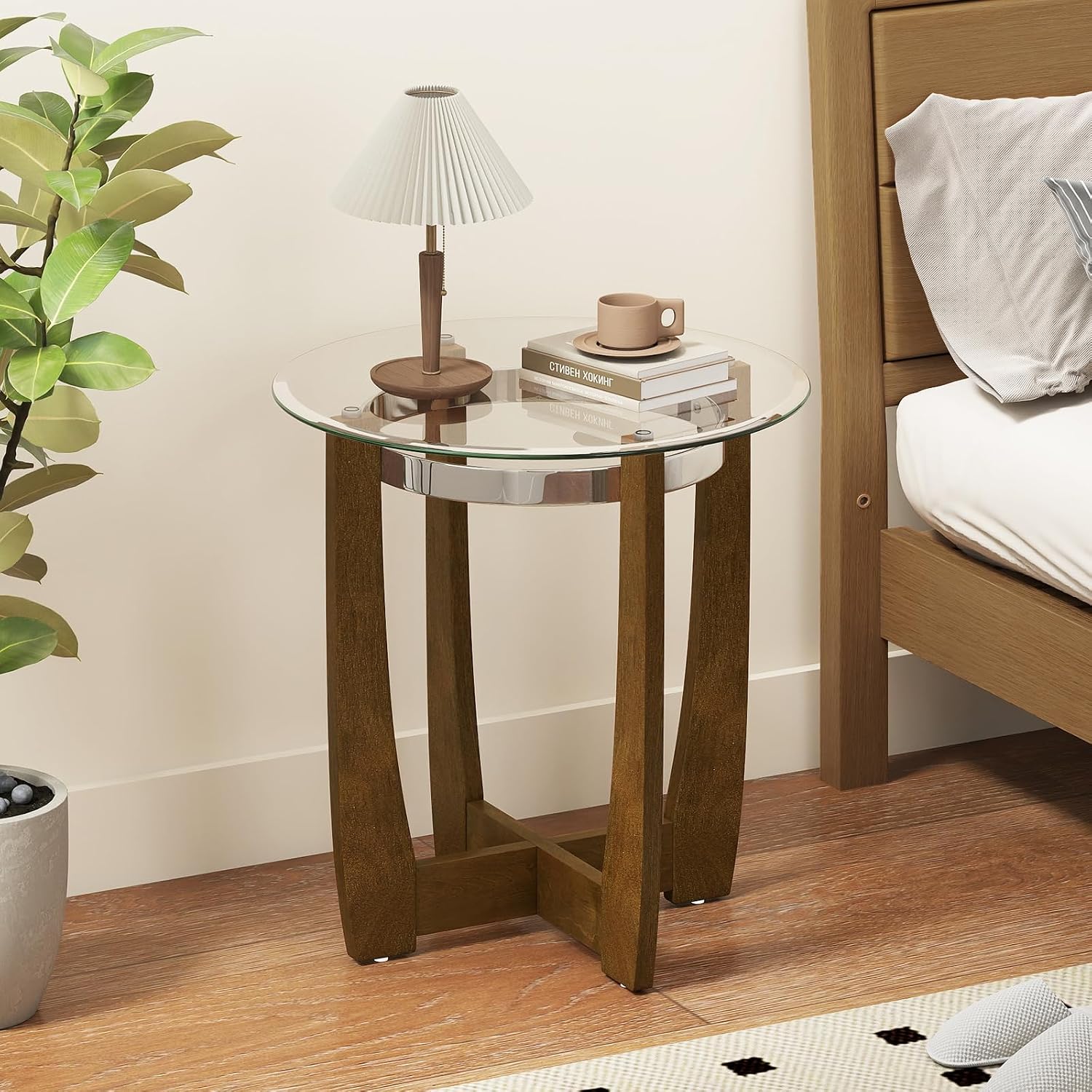 Giantex Round Glass End Table Set of 2, 24'' Side Table with Tempered Glass Top, Nightstands with Cross & Solid Rubber Wood Base, Compact Bedside Night Stand for Bedroom Office Living Room (2, Walnut)