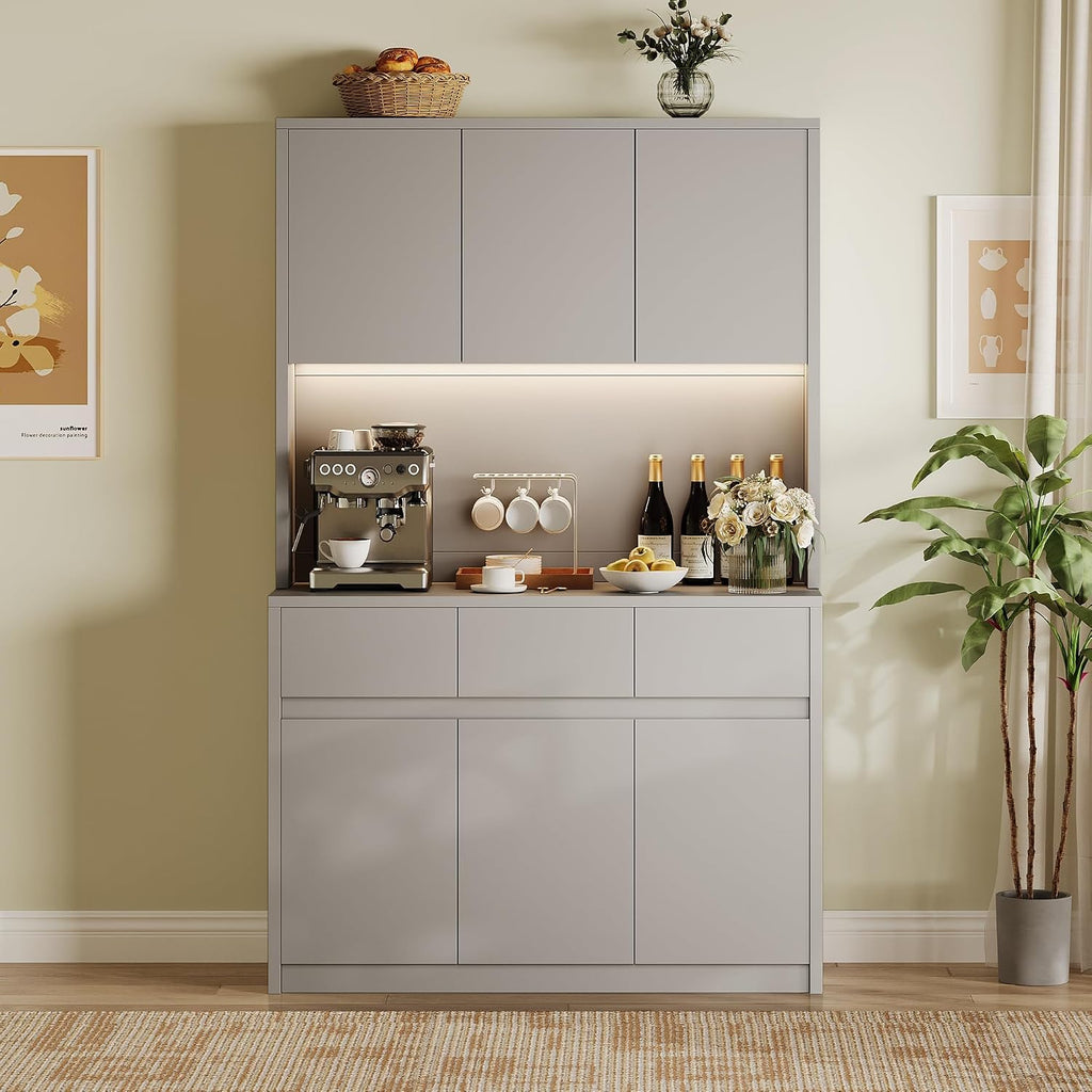 71' Kitchen Pantry Cabinet,Tall Storage Cabinet with Doors & Shelves Adjustable, Kitchen Storage Hutch with Microwave Shelf,Coffee Bar,Led Lights&Charging Station,Corner Pantry Cabinet for Living Room