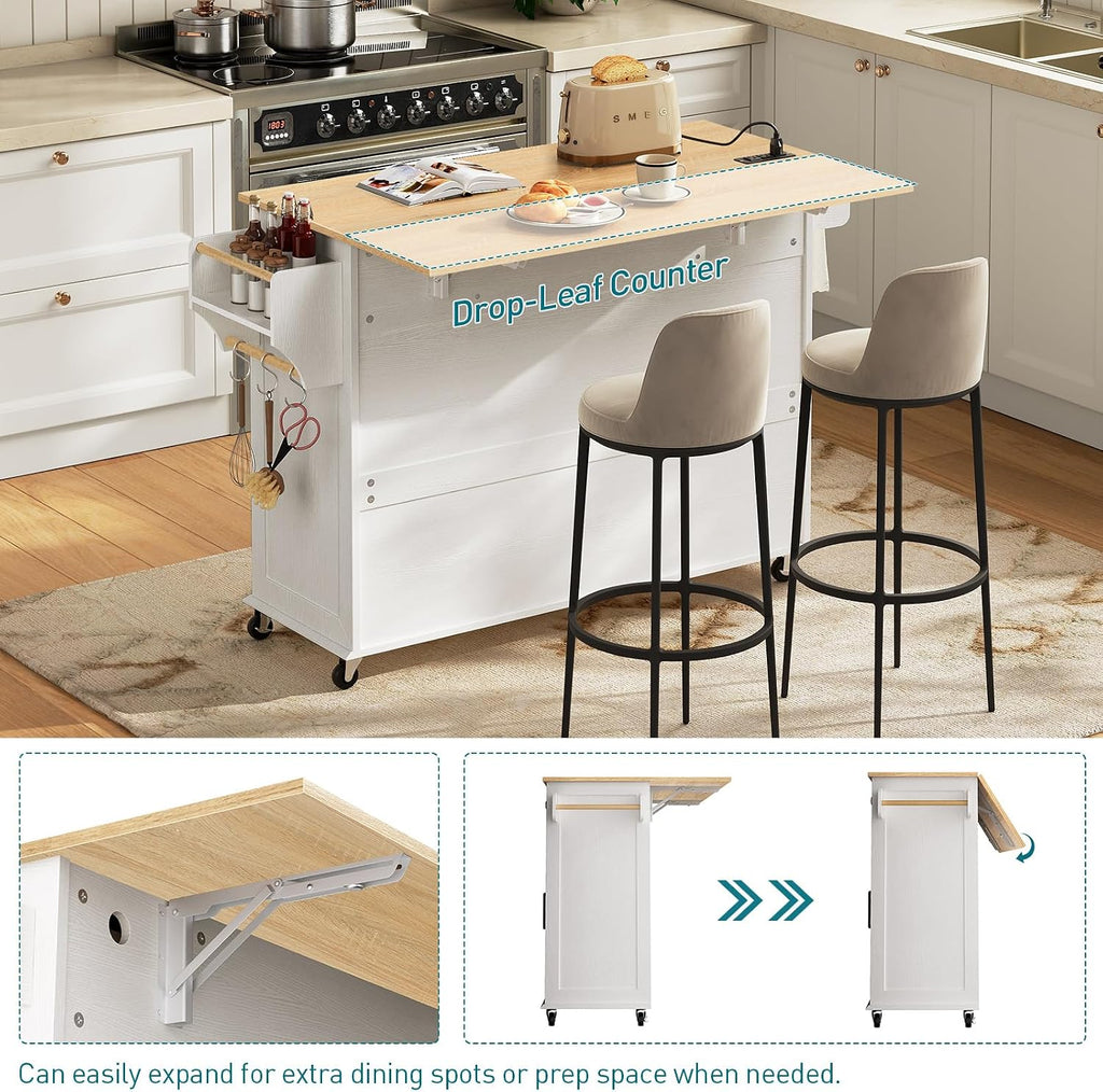 RALGEND Kitchen Island with Drop Leaf & Power Outlet, Rolling Kitchen Island Cart On Wheels, Barn Door Kitchen Island Table with Storage and Tower Rack, Island Table for Kitchen, White and Natural