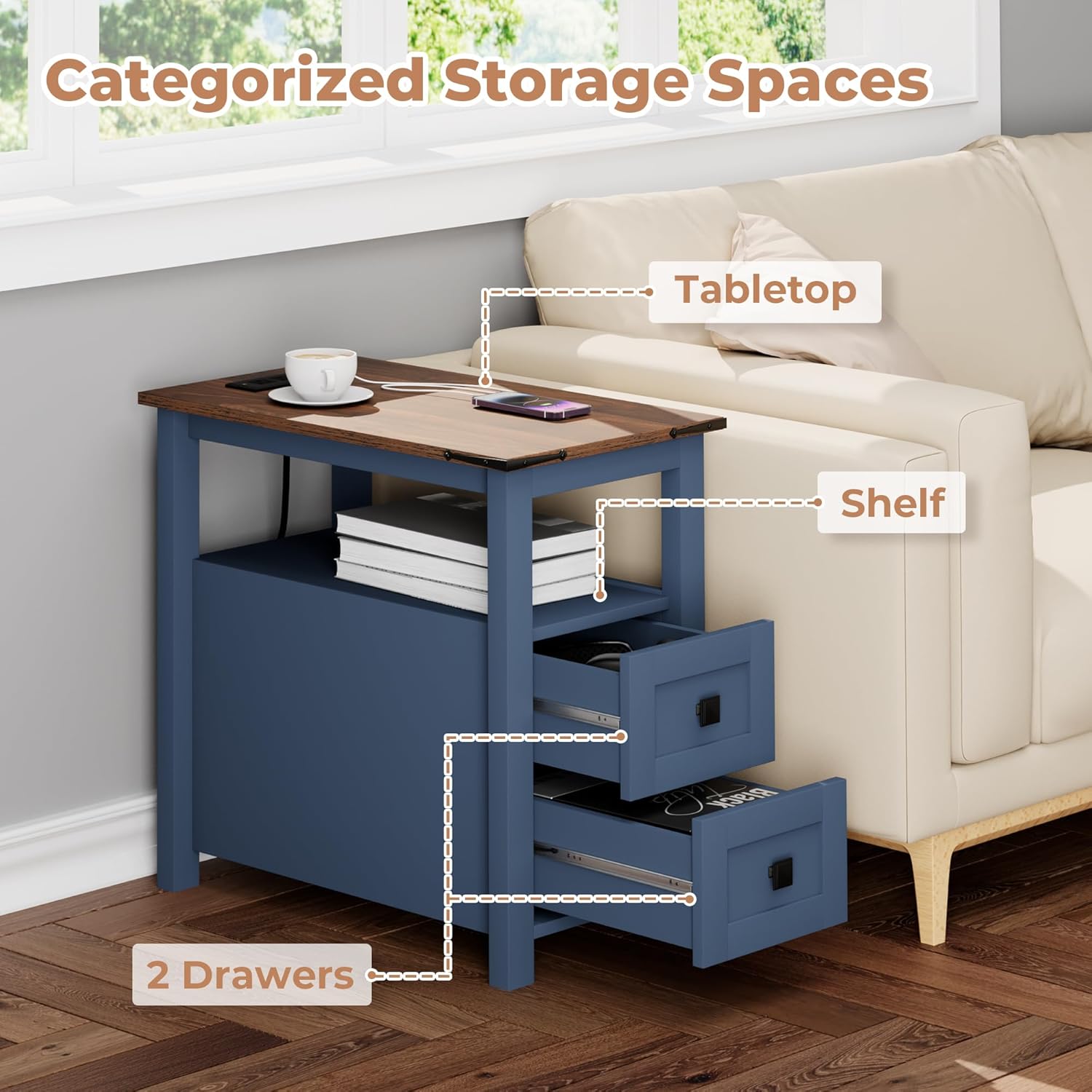 VVFLU Farmhouse End Table with Charging Station and 2 Storage Drawers, Blue Wood Nightstand Narrow, Skinny Side Table Rustic, Slim Bedside Table, Open Shelf, Small for Bedroom, Living Room, Sofa