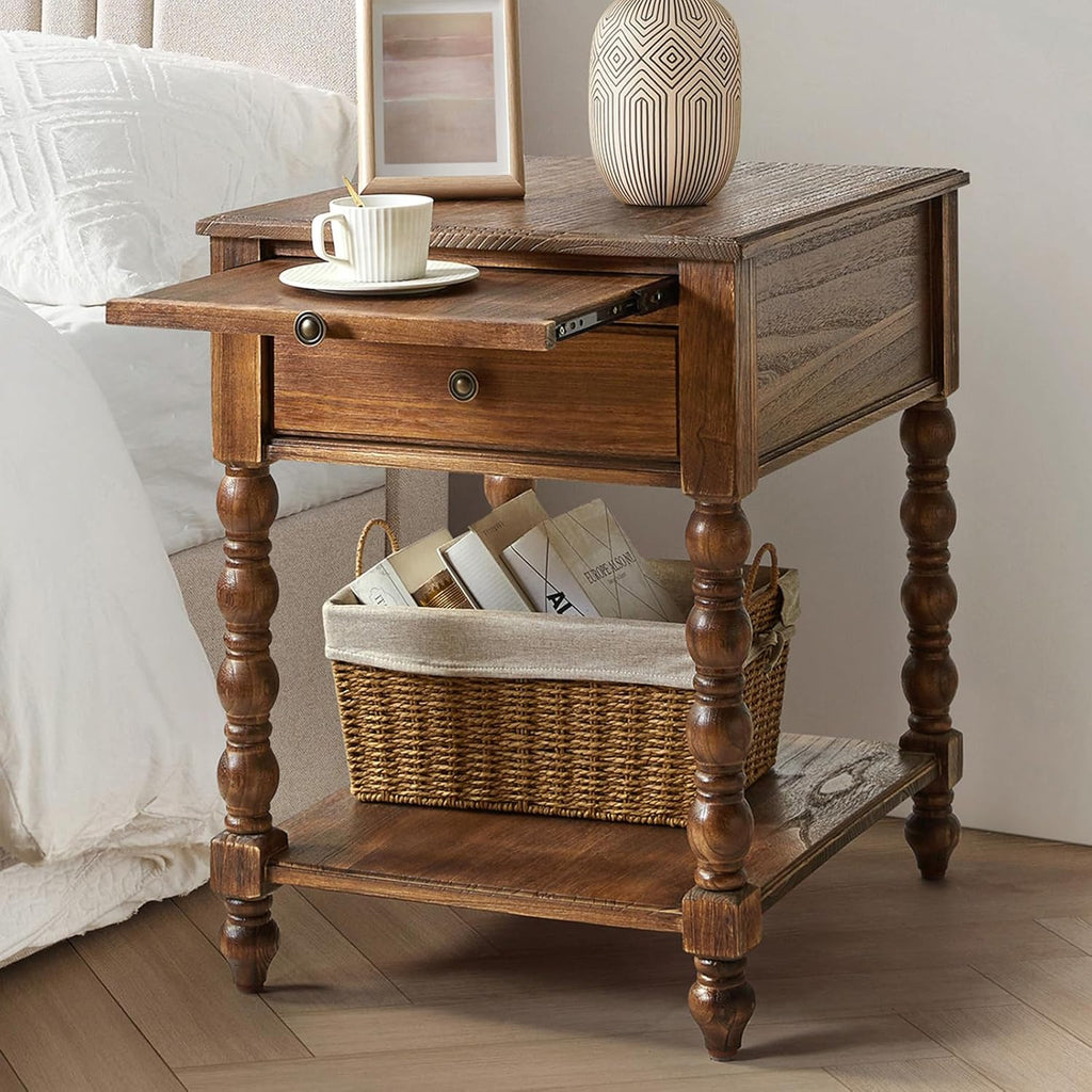 HULALA HOME Spindle Nightstands with Charging Station, Solid Wood Nightstand with Drawer Shelf, Side Table with Pull-Out Shelf (1, Walnut)