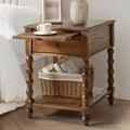 HULALA HOME Spindle Nightstands with Charging Station, Solid Wood Nightstand with Drawer Shelf, Side Table with Pull-Out Shelf (1, Walnut)
