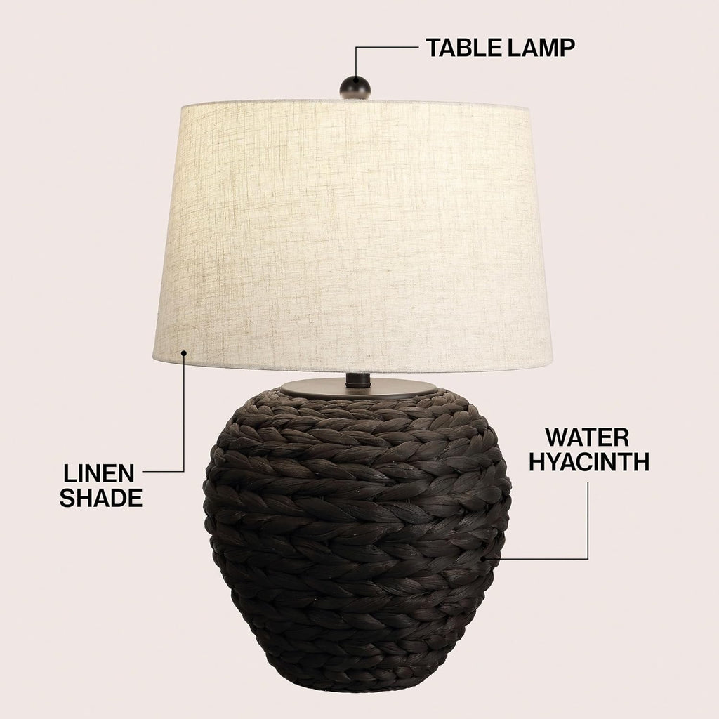 JONATHAN Y 24.5' Black Water Hyacinth Farmhouse Basket Table Lamp, Coastal Decor for Living Room Bedroom Nightstand, Light Gray Linen Shade, LED Bulb Included (JYL6501D)