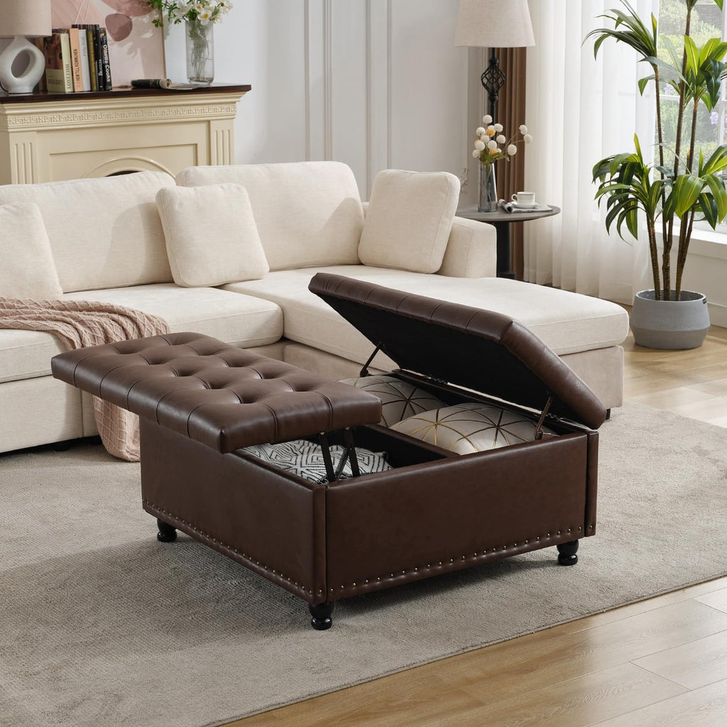 Tbfit Large Square Storage Ottoman Bench, Tufted Upholstered Coffee Table Ottoman with Lift Top & Solid Wood Legs, Oversized Storage Ottomans Toy Box for Living Room (Dark Brown)