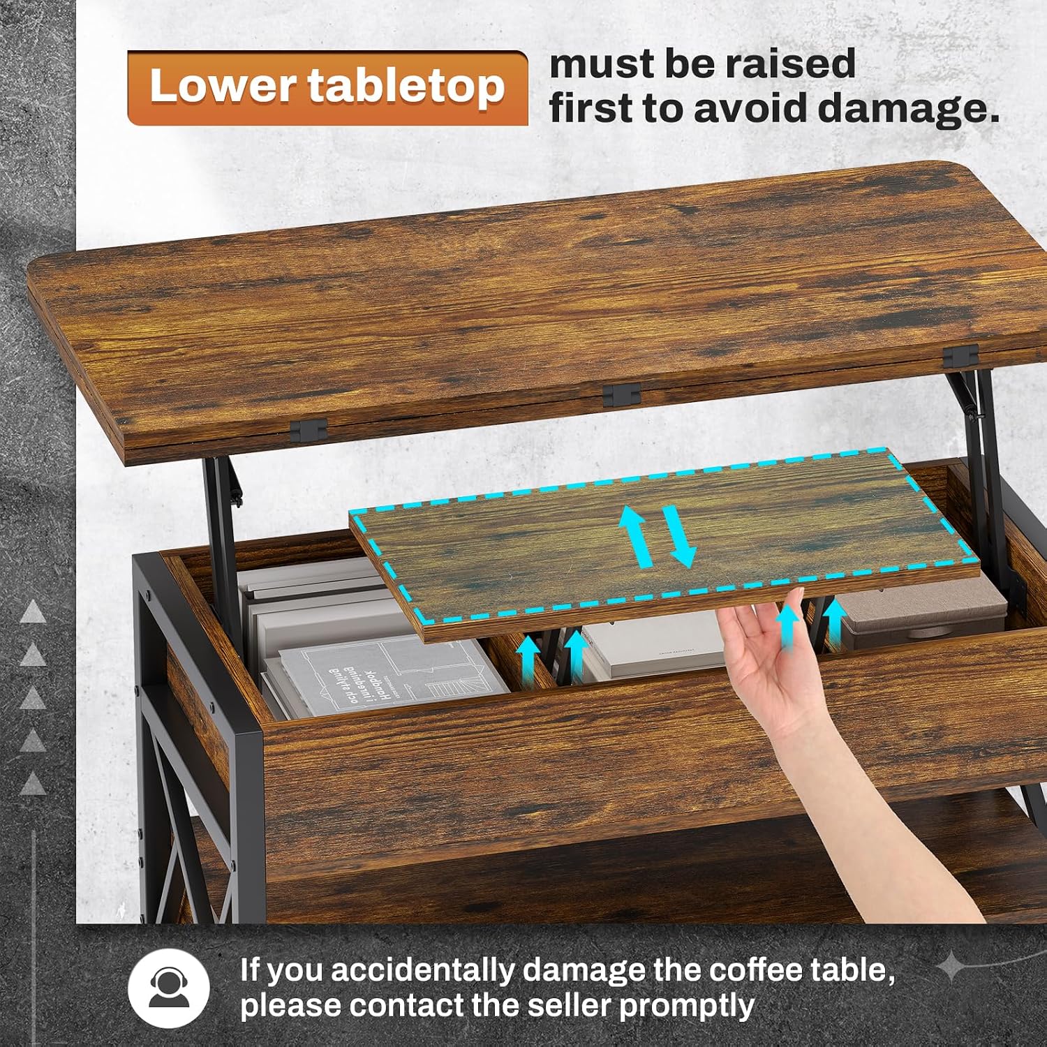 Itaar 40' Lift Top Coffee Table, 4 in 1 Coffee Tables with Storage for Living Room, Small Farmhouse Coffee Table with 2 Drawers & LED Light for Dining Reception Room, Rustic Brown