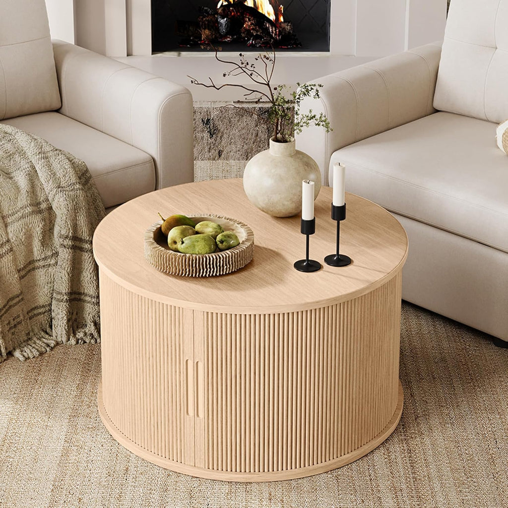 LINSY HOME Round Coffee Table, 31.5' Drum Coffee Table with Sliding Tambour Door, Fluted Accent Center Table with Storage, Mid Century Modern Coffee Table for Living Room, Oak