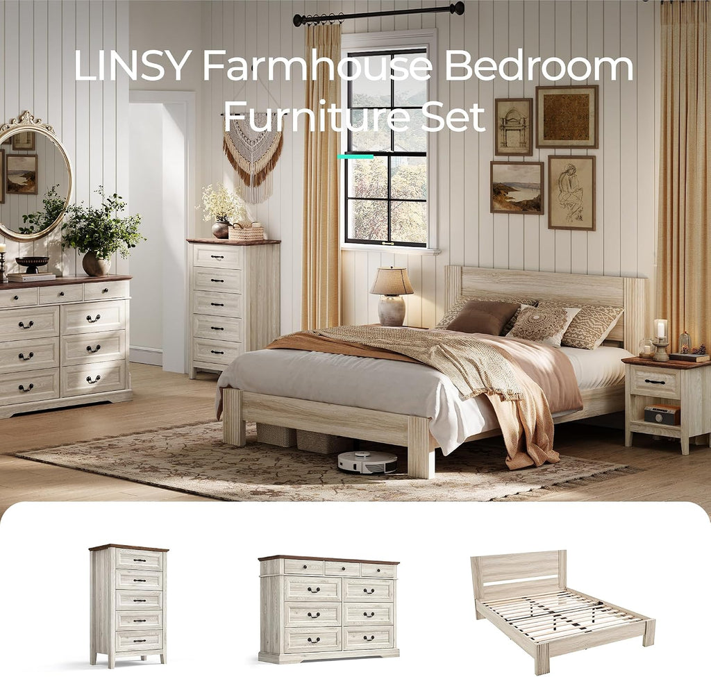 LINSY Night Stand Set of 2, 18.9' Farmhouse Wood NightStand with Type-C Charger &Open Storage Shelf Nightstands with Drawer, Side Table End Table for Bedroom Living Room Sofa Couch Office Beige