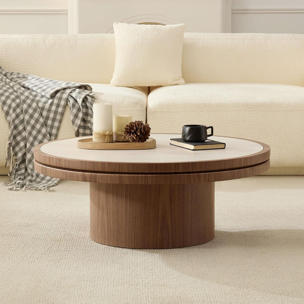 35.43' Farmhouse Round Coffee Table with Sintered Stone Tabletop, Sturdy Wood MDF Pedestal Coffee Tables for Living Room, Modern Circle Center Tea Table for Apartment, Office Bedroom Walnut
