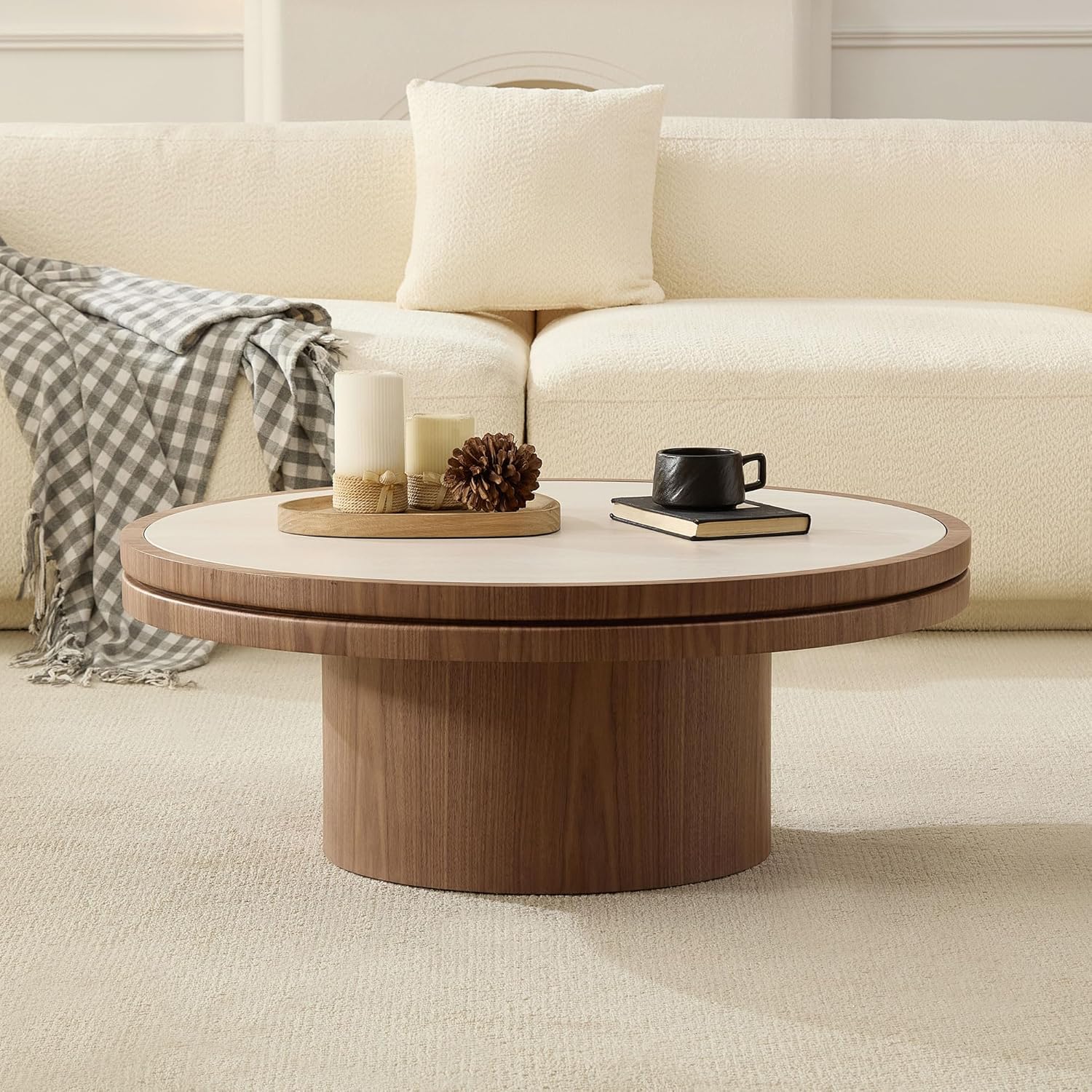 35.43' Farmhouse Round Coffee Table with Sintered Stone Tabletop, Sturdy Wood MDF Pedestal Coffee Tables for Living Room, Modern Circle Center Tea Table for Apartment, Office Bedroom Walnut