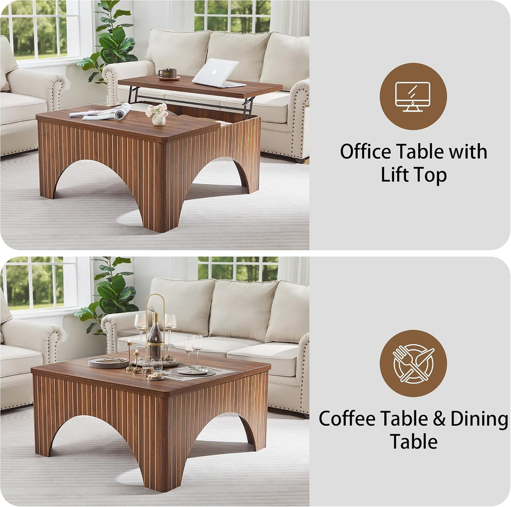 Square Coffee Table, 39'' Large Lift Top Coffee Table with Flip-Top Hidden Compartment Farmhouse Fluted Center Table Wooden Tea Table for Living Room, Apartment, Office (Walnut)