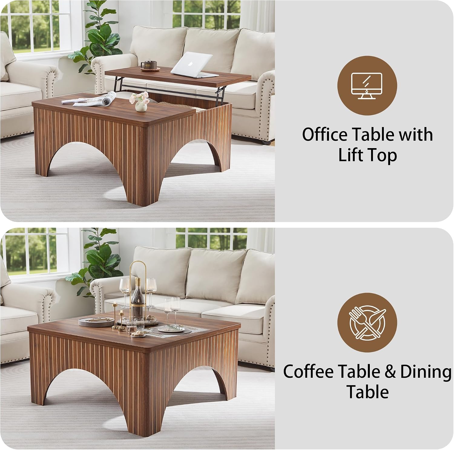 Square Coffee Table, 39'' Large Lift Top Coffee Table with Flip-Top Hidden Compartment Farmhouse Fluted Center Table Wooden Tea Table for Living Room, Apartment, Office (Walnut)