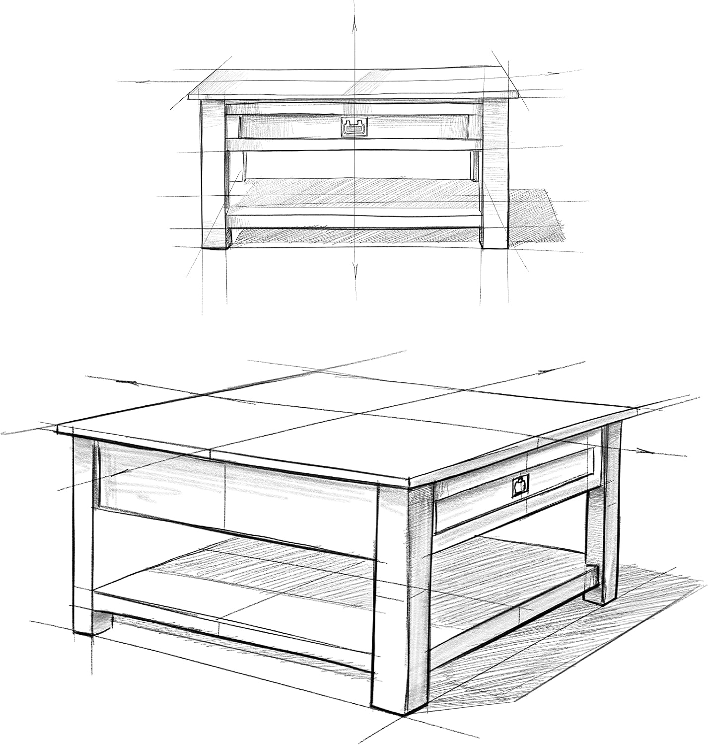 SIMPLIHOME Monroe Square Coffee Table - 38' Wide x 19' High Solid Acacia Wood Living Room Table in Farmhouse Grey, Rustic Cocktail Table for Family Room or Lounge with 2 Drawers and Open Shelf