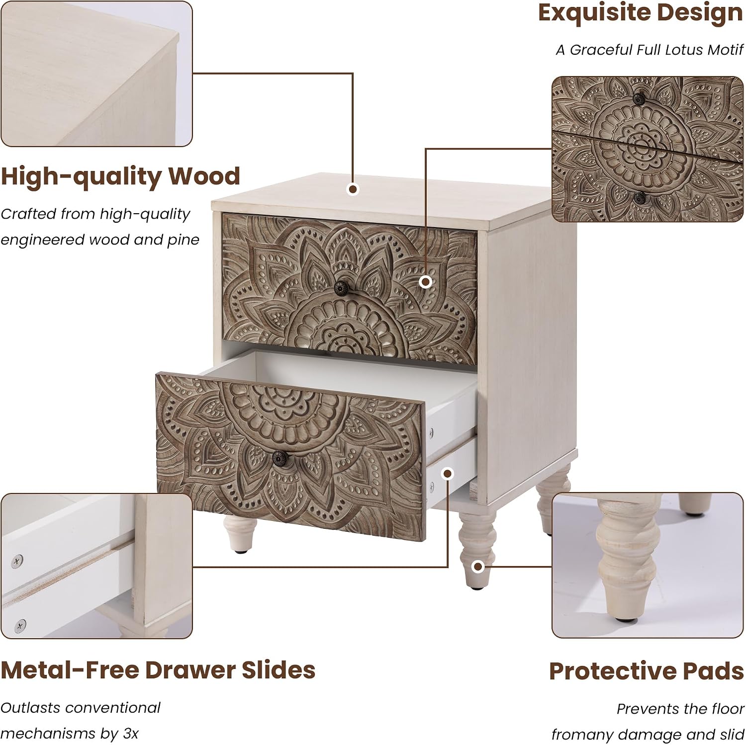 COSIEST Vintage Nightstand, 18' Wide Wood Small Bed Side Table with 2 Drawers, Accent Bedside Table, Bedroom Furniture for Home, Office (Lotus Pattern)