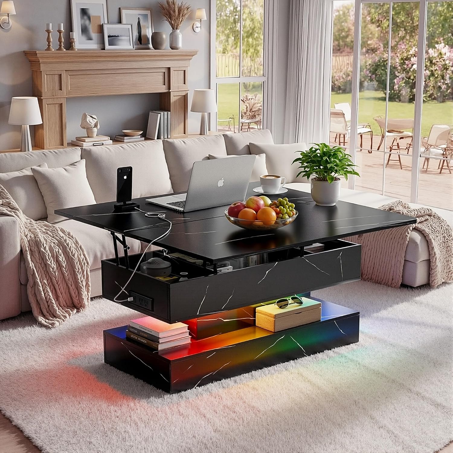 40' Lift Top Coffee Table, 4‑in‑1 Multi-Function Convertible Workstation Table with Storage & Charging Station, Modern Faux Marble Design for Living Room & Small Spaces, Black