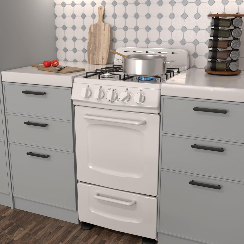 Avanti Gas Range Oven, Compact Freestanding Design, 4 Burners with Electronic Ignition, 2.1 Cu.Ft. Capacity Features Solid Door Storage Drawer Broiler and Accessories, 20-Inch, White