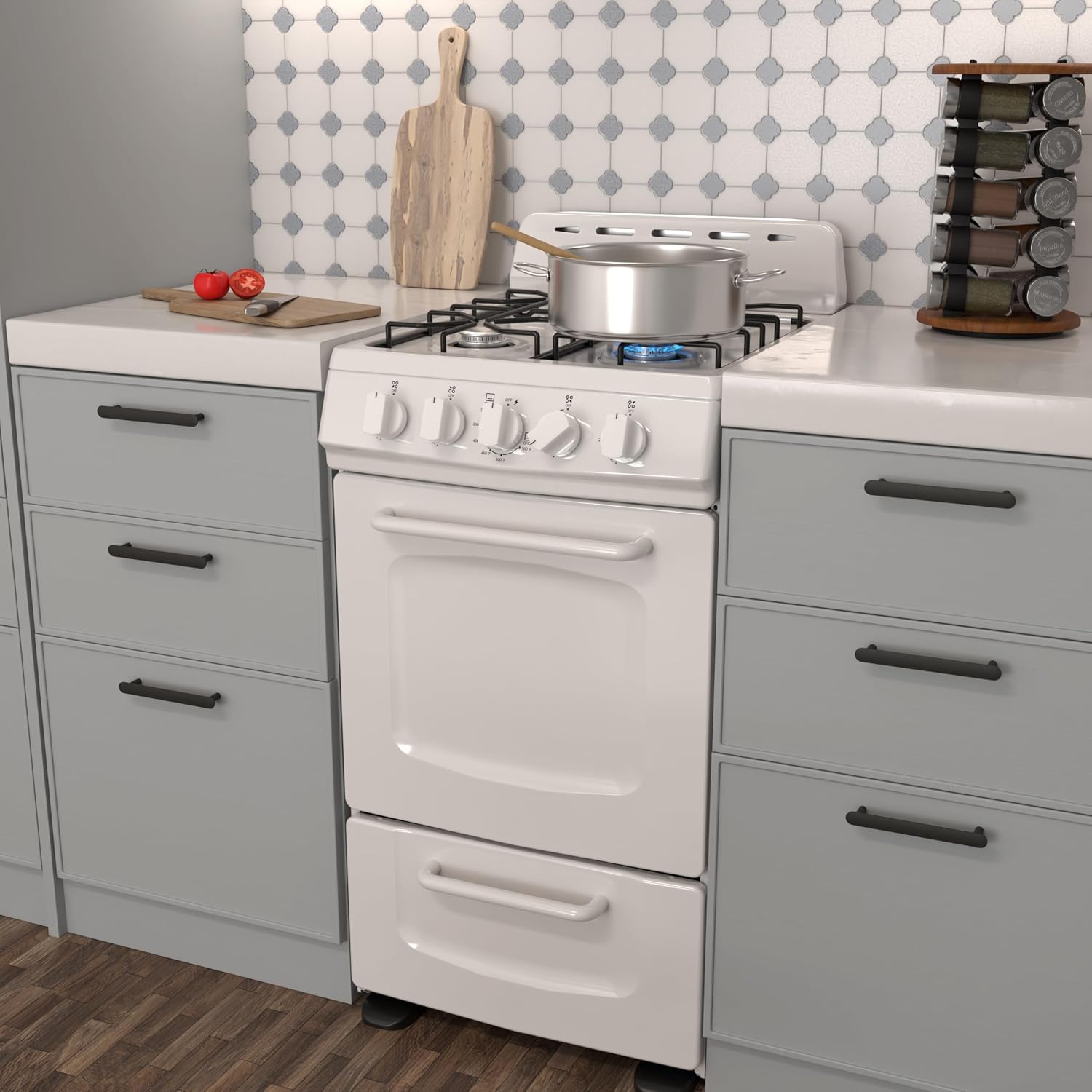 Avanti Gas Range Oven, Compact Freestanding Design, 4 Burners with Electronic Ignition, 2.1 Cu.Ft. Capacity Features Solid Door Storage Drawer Broiler and Accessories, 20-Inch, White