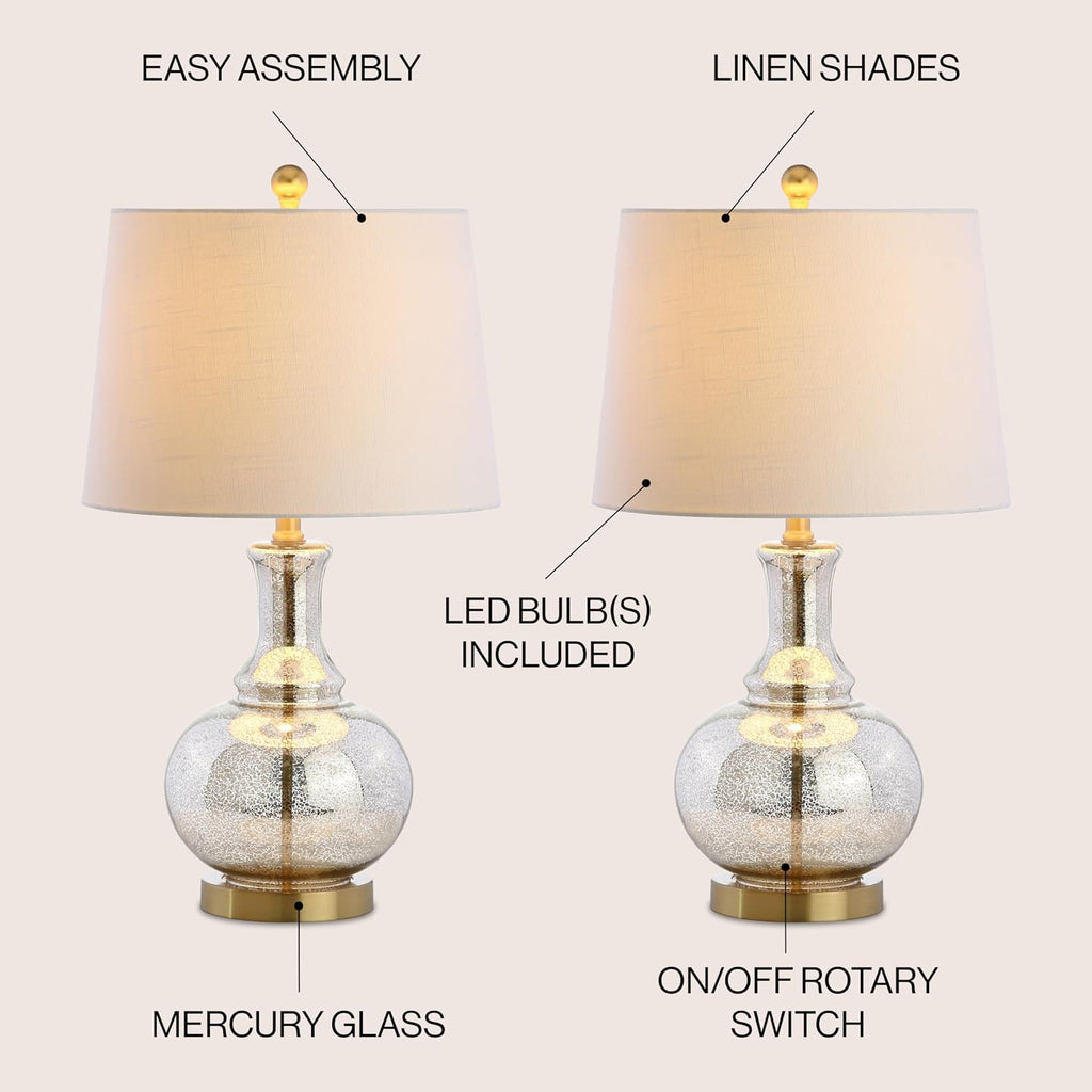JONATHAN Y 25' Mercury Silver and Brass Gold Glass Table Lamp Set of 2 for Bedroom, Modern Bedside Lamp for Living Room Nightstand, White Linen Drum Shade, LED Bulb Included JYL1068A-SET2