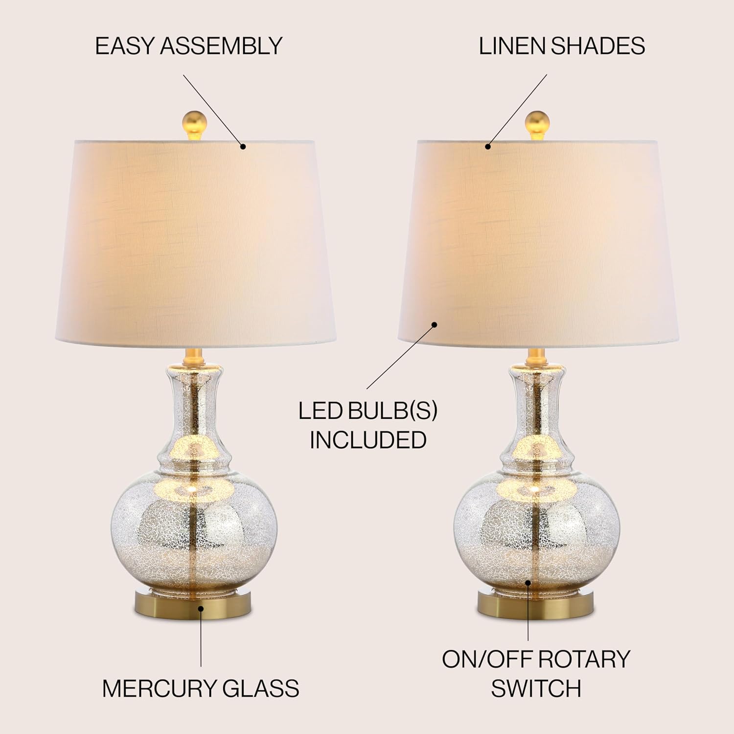 JONATHAN Y 25' Mercury Silver and Brass Gold Glass Table Lamp Set of 2 for Bedroom, Modern Bedside Lamp for Living Room Nightstand, White Linen Drum Shade, LED Bulb Included JYL1068A-SET2