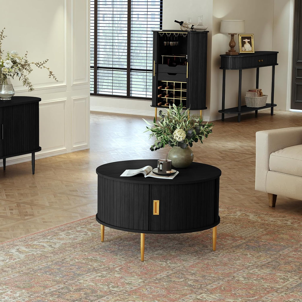 ARTPOWER 31.7' Round Coffee Table with Tambour Door, Mid Century Center Table for Living Room, Small Wood Fluted Circle Coffee Table with Storage, Black