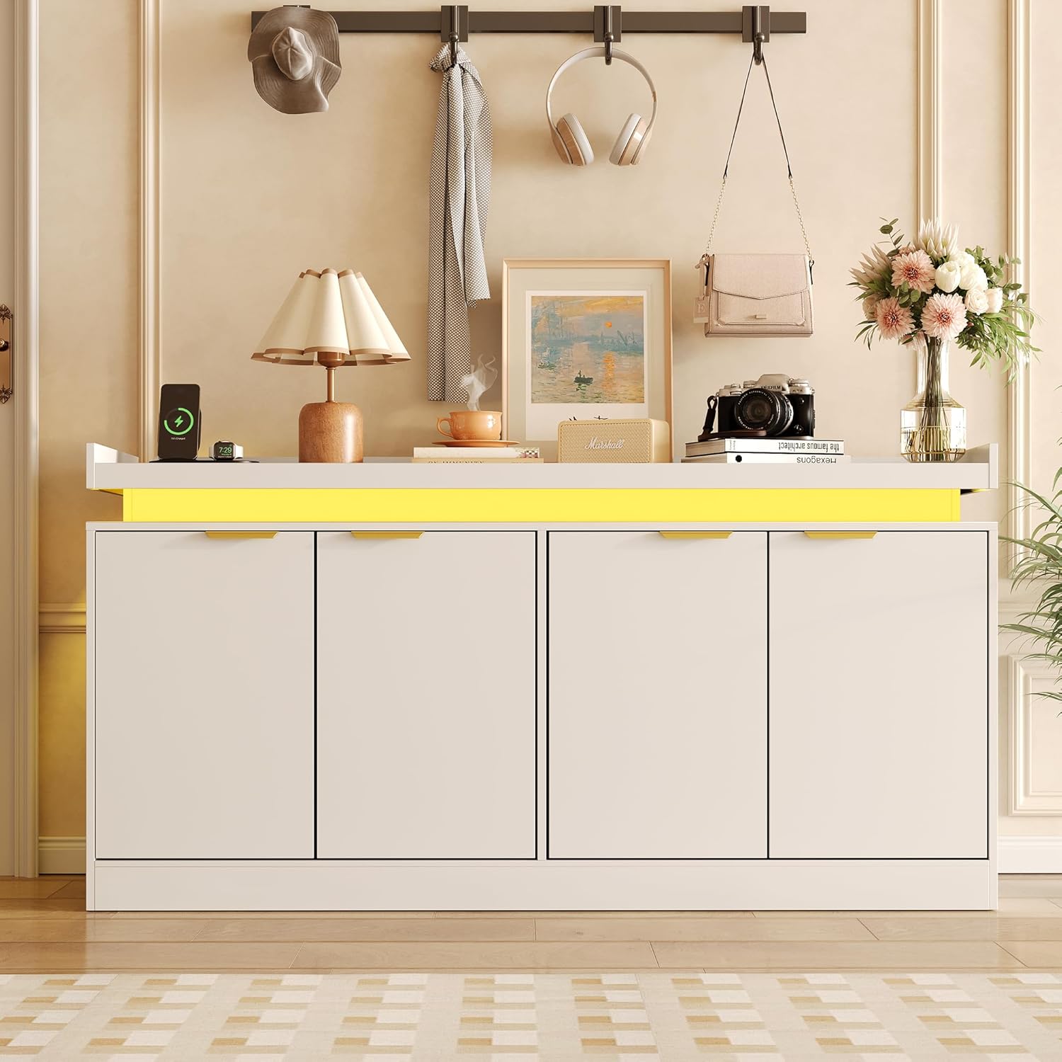 knoworld LED Sideboard Buffet Cabinet with Storage, 63'' Large Kitchen Cabinet Storage Cabinets with 4 Doors, Wood Coffee Bar Cabinets Buffet Table for Kitchen, Dining Room, Living Room (White)