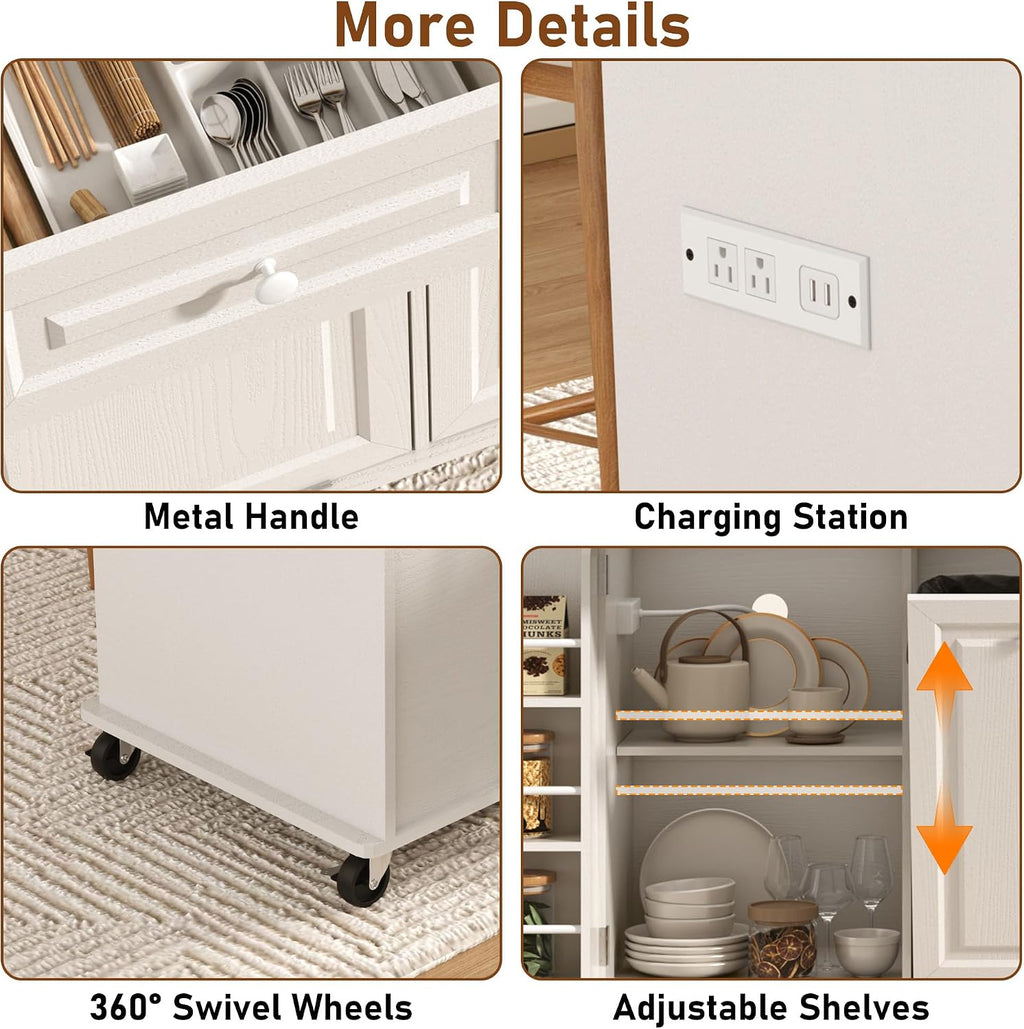 St.Mandyu 62 inch Rolling Kitchen Island with Power Outlet, Drop Leaf & Storage Cabinet - Mobile Cart with Hidden Trash Cabinet, Spice Rack, Shelves, and Towel Holder for Small Spaces,White