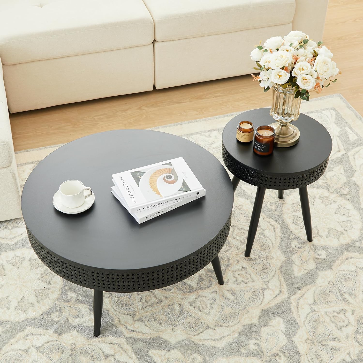 Bifins Black Round Nesting Coffee Table with Hidden Storage Set of 2, Modern Circle Coffee and End Table Set for Living Room Balcony (Black Set of 2)