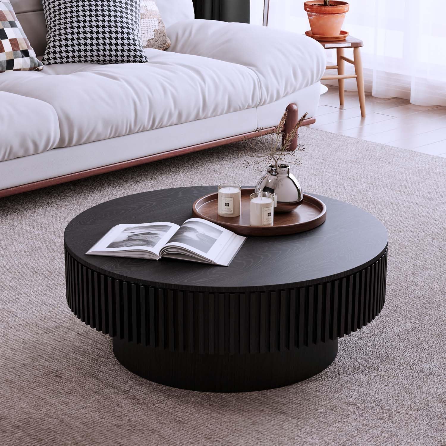 Round Coffee Table with Storage, Modern Wooden Coffee Table with Solid Wood Veneered, Circle Center Table Accent Tea Table for Living Room Apartment Small Space (31.5''L × 31.5''W × 14''H, Black)