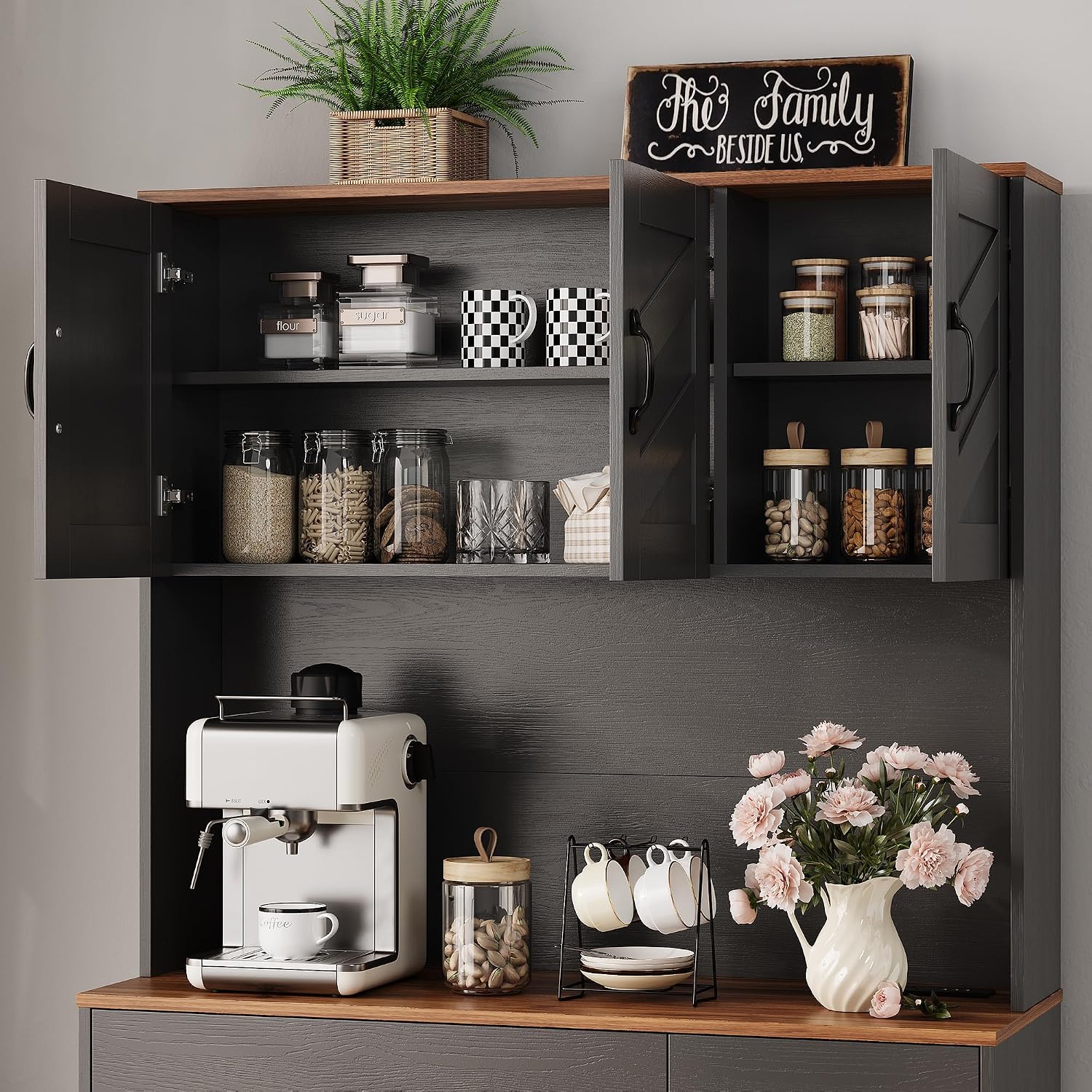 71' Pantry Cabinet with Charging Station, Kitchen Hutch Storage Cabinet with Countertop & Drawer, Farmhouse Food Pantry with Microwave Stand & Adjustable Shelves for Living Room, Dining Room, Black