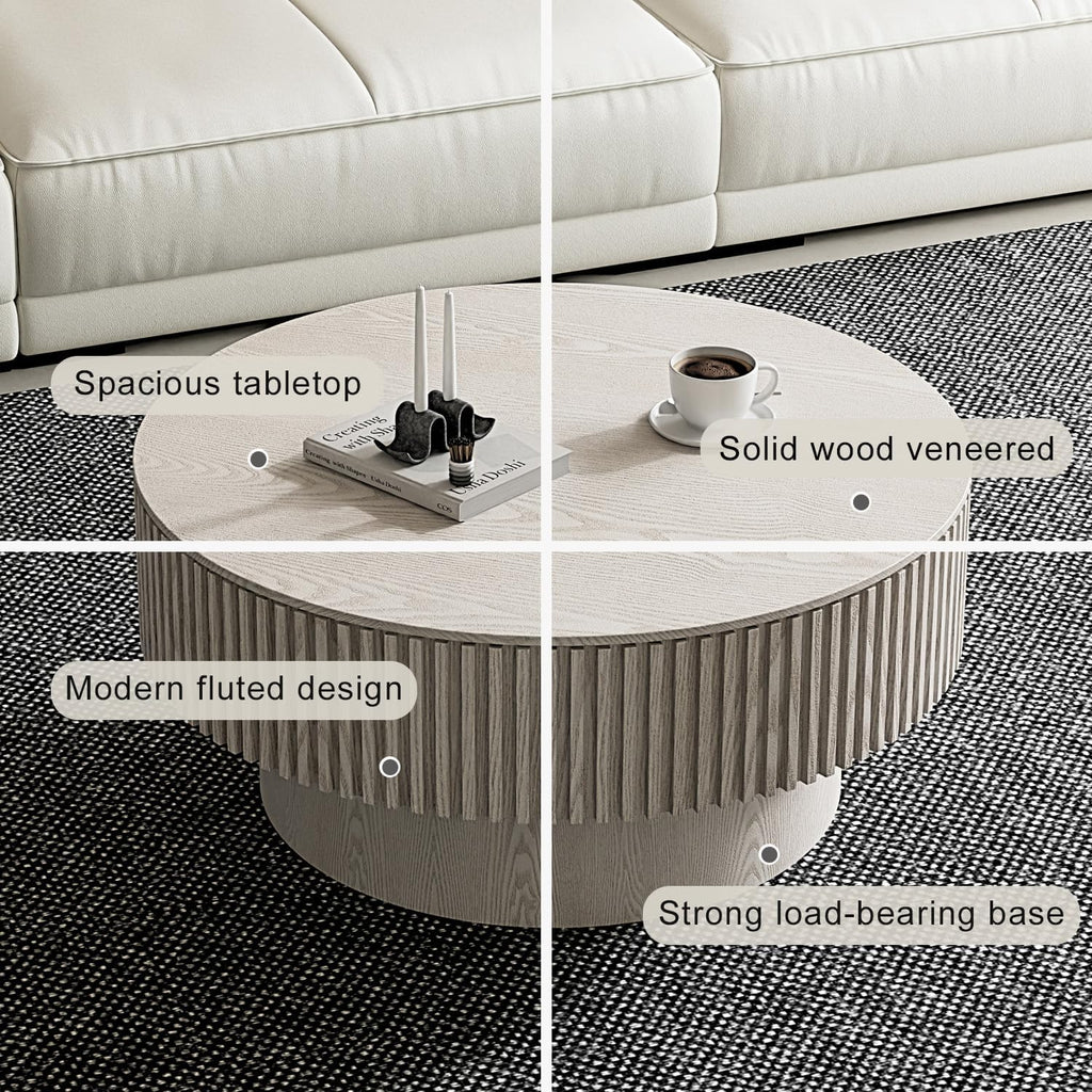 Round Coffee Table with Storage, Modern Wooden Coffee Table with Solid Wood Veneered, Circle Center Table Accent Tea Table for Living Room Small Space (31.5''L × 31.5''W × 14''H, Retro White)