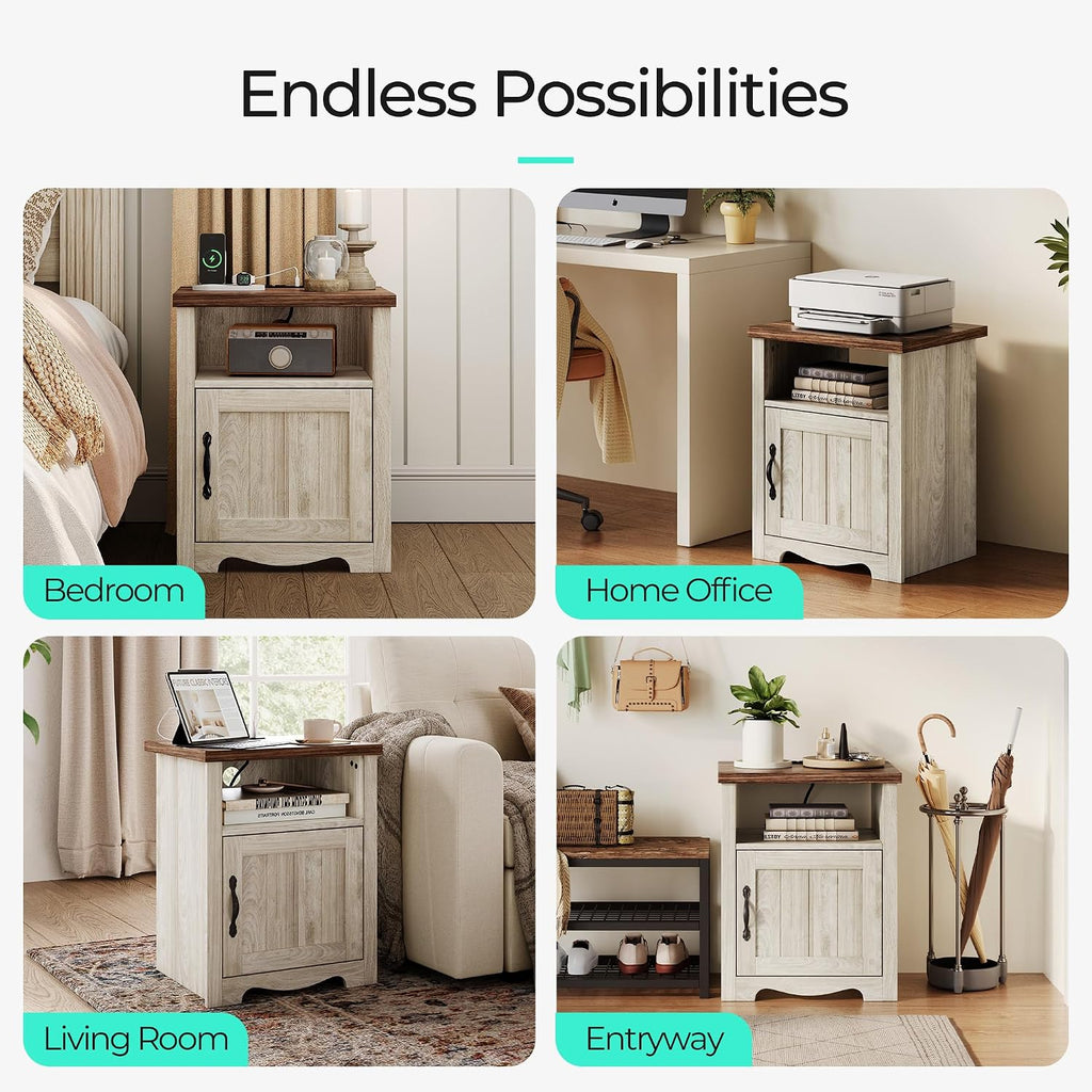 LINSY Farmhouse Night Stand Set of 2, 18.9' Wood End Table with Charging Station, Side Table for Bedroom, Living Room, Couch with USB Ports and Outlets, Nightstand with Storage, Beige