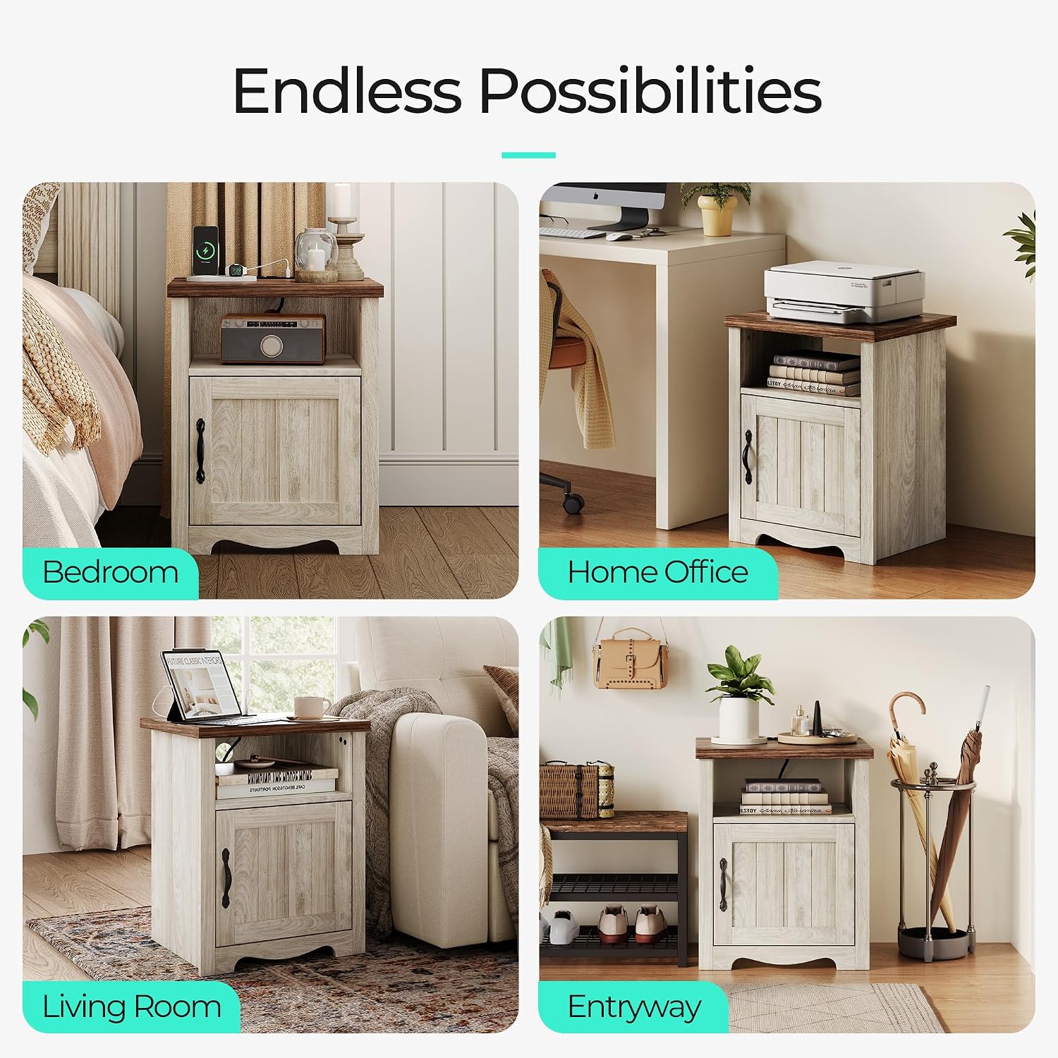 LINSY Farmhouse Night Stand Set of 2, 18.9' Wood End Table with Charging Station, Side Table for Bedroom, Living Room, Couch with USB Ports and Outlets, Nightstand with Storage, Beige