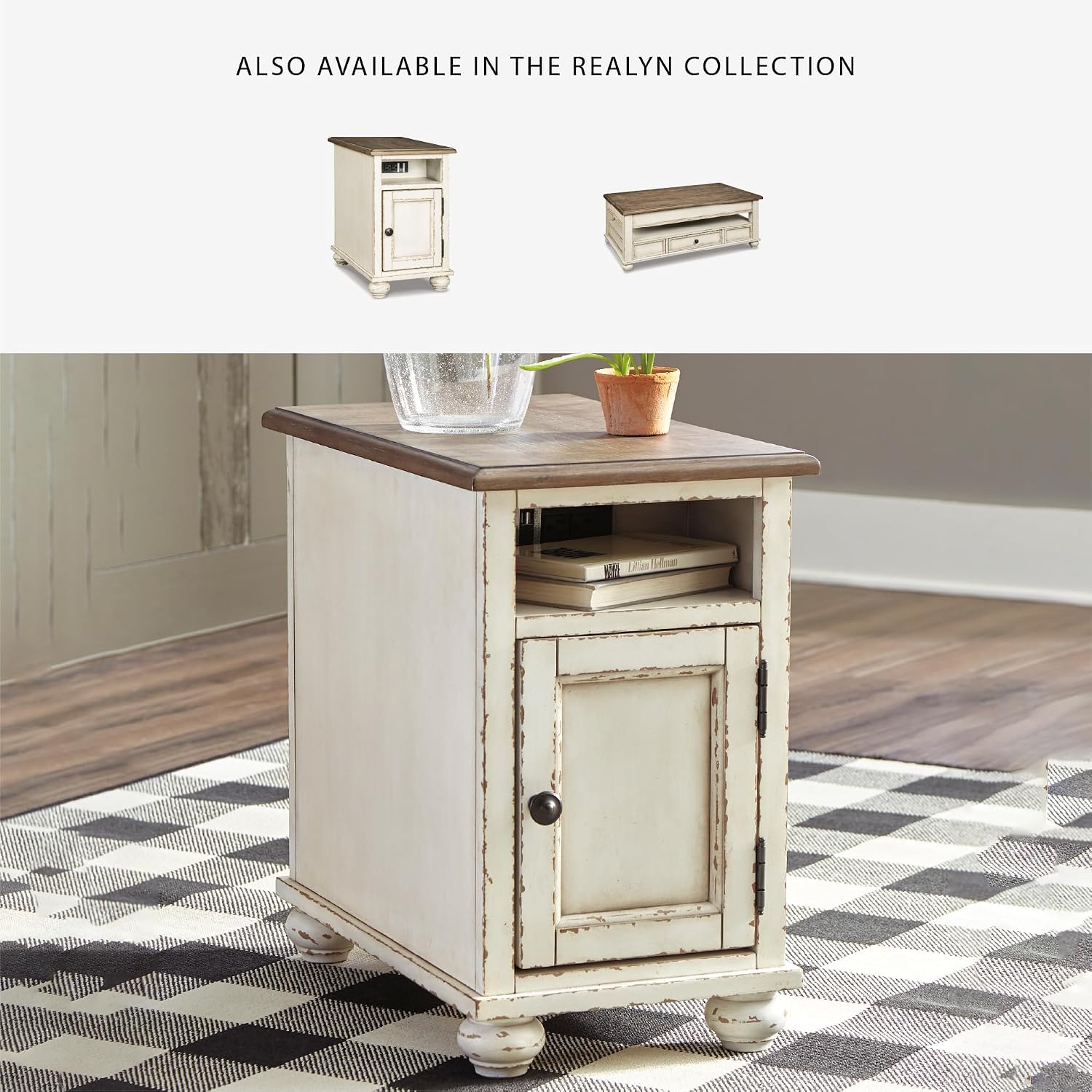 Signature Design by Ashley Realyn French Country Chair Side End Table, Cabinet Storage with Shelf, Outlets and USB Ports, Wood, 14' W x 24' D x 23.13' H, Cream
