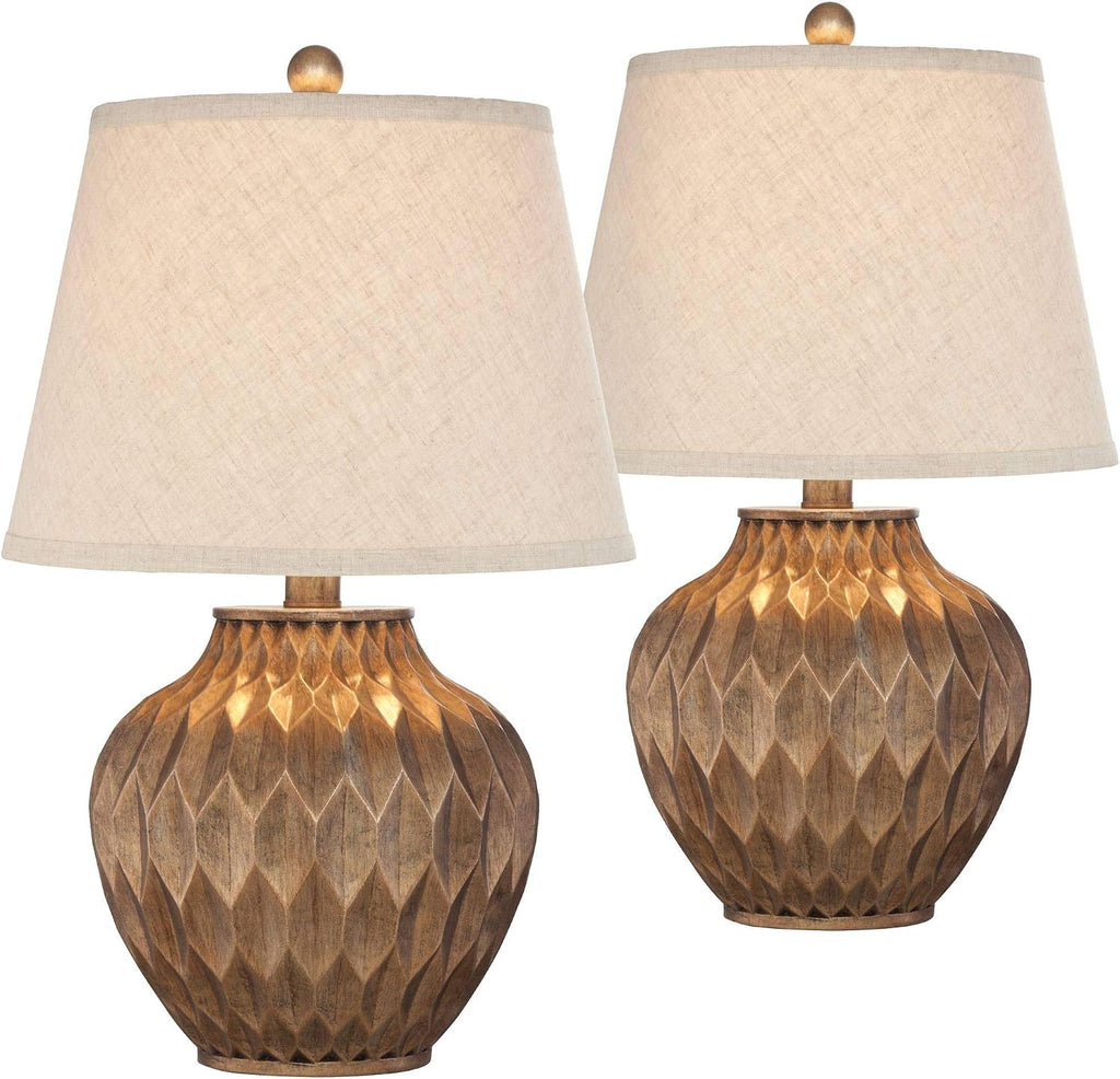 360 Lighting Buckhead Traditional Style Small Accent Table Lamps 22' High Set of 2 Warm Bronze Geometric Urn Tapered Drum Shade for Living Room Bedroom House Bedside Nightstand Home Office