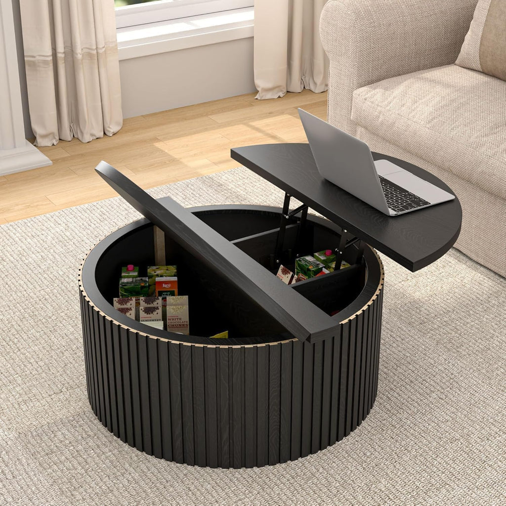Fsbecl Fluted Lift Top Coffee Table with Storage, 34.6'' Round Coffee Tables for Living Room, Circle Wood Center Table with Hidden Conpartment (Black)